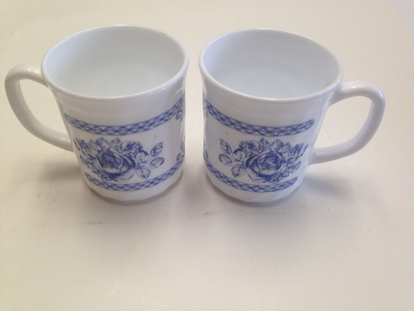 Pair of Arcopal France Coffee Cups Blue Floral Milk Glass Vintage  Pristine