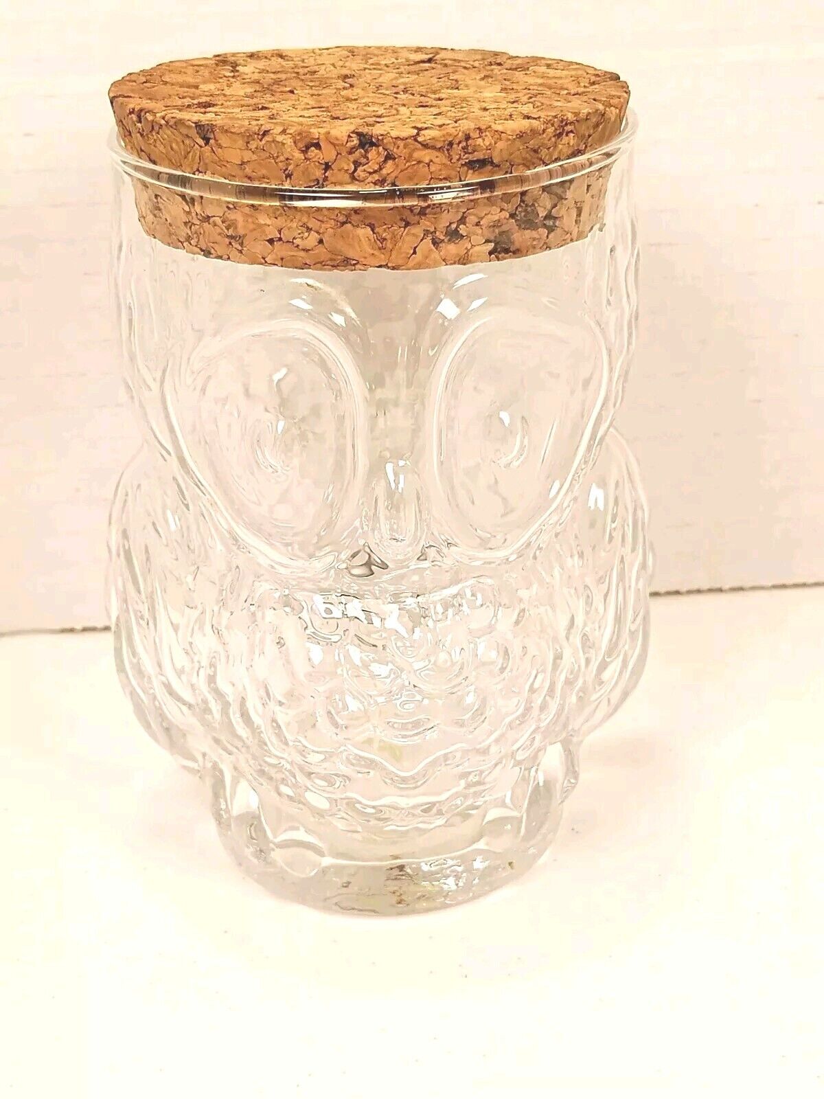 Vintage 1970s Owl Candy Jar  Clear With Cork Lid - Fast Shipping