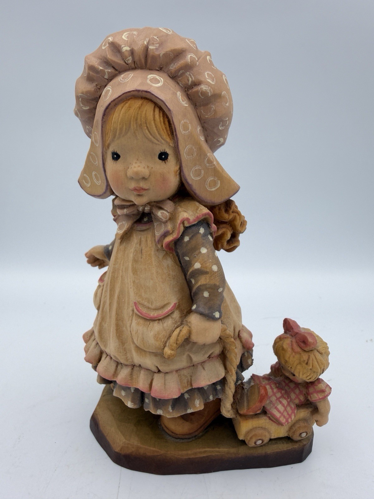 ANRI PLAYTIME 6.5 in Sarah Kay Wood Hand Carved Girl w/ Wagon & Doll 1441/4000