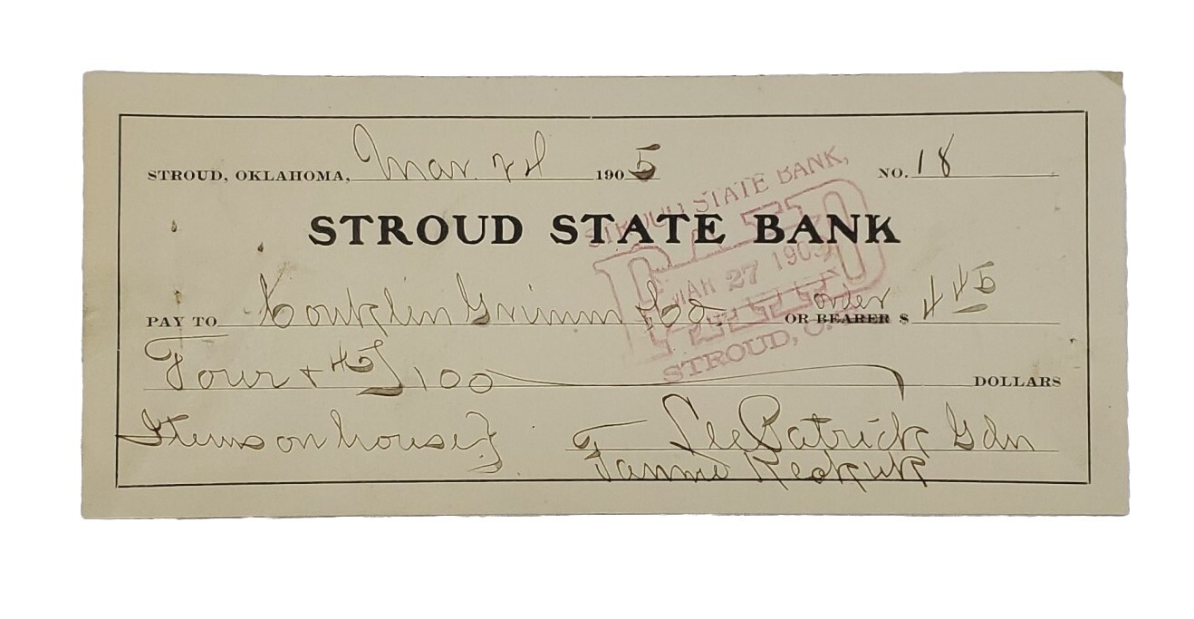 1905 Bank Check: Stroud State Bank, Stroud, OK - Lee Patrick