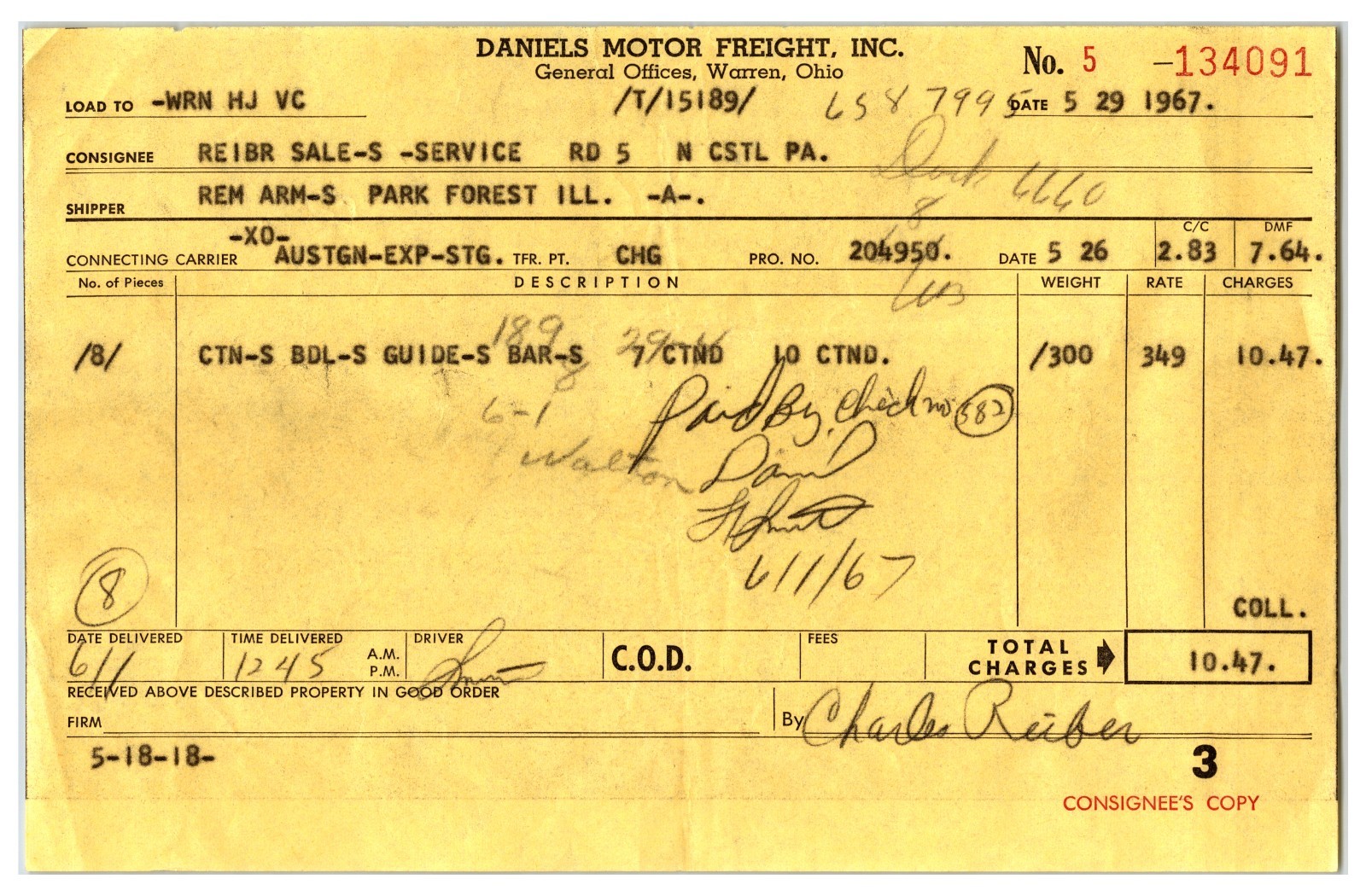 Vintage Original 1967 - Daniels Motor Fright Inc Receipt Semi Truck Freight Slip Vintage Original 1967 - Daniels Motor Fright Inc Receipt Semi Truck Freight Slip