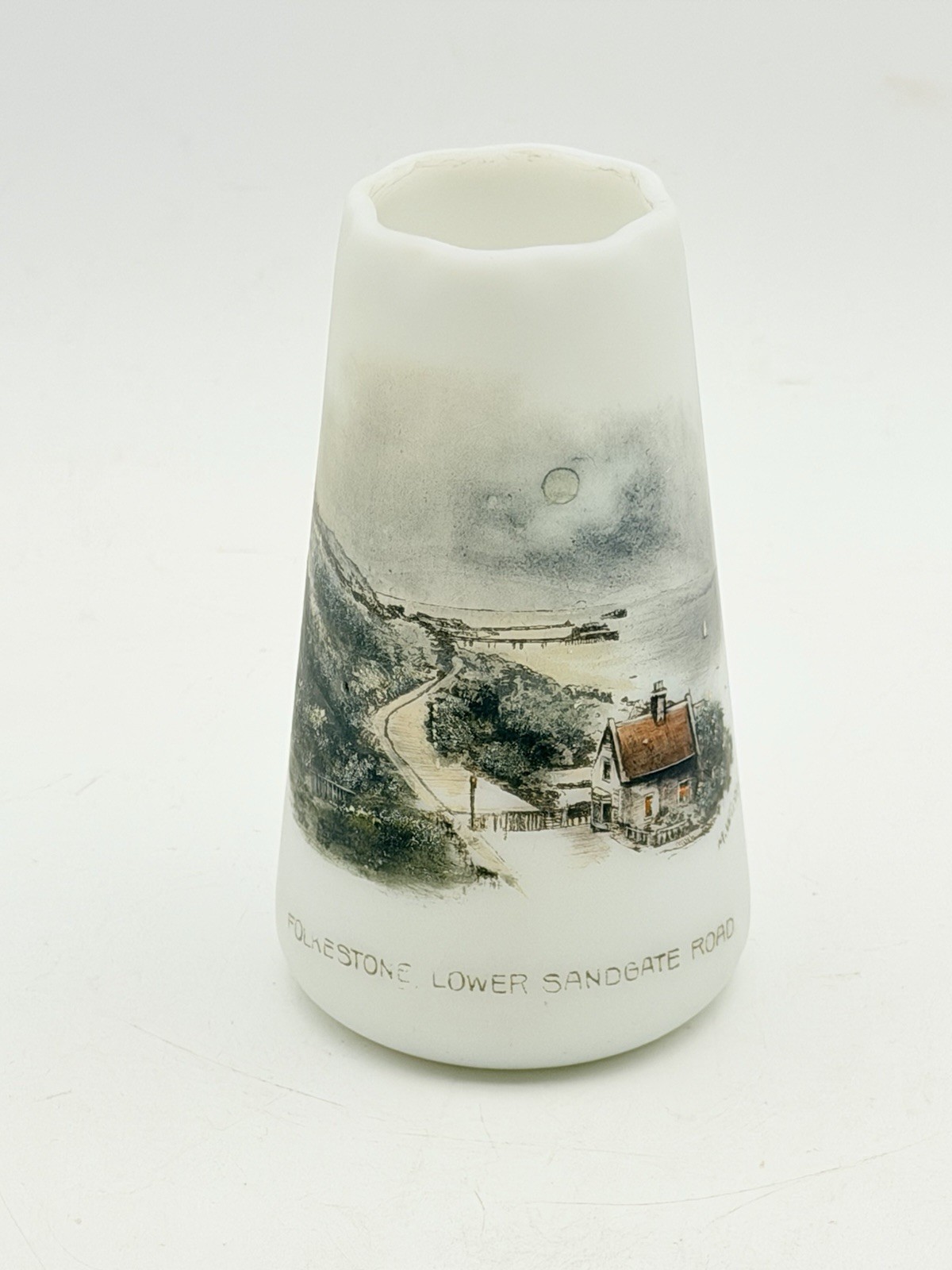 Victorian Opaline Glass Vase Folkestone Sandgate Rd Scenic c1900