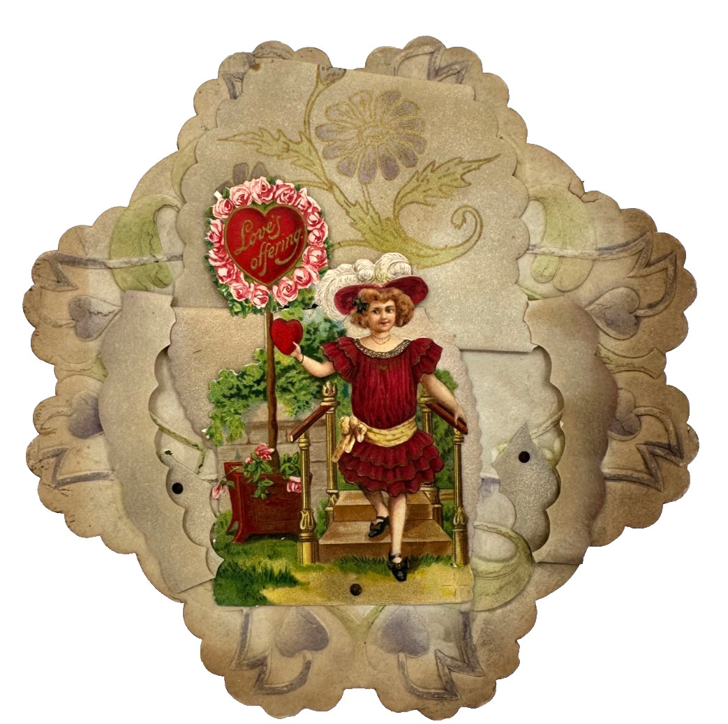 Antique Victorian Die-Cut Stand Up Layered Valentine Card Love\'s Offering 1800s