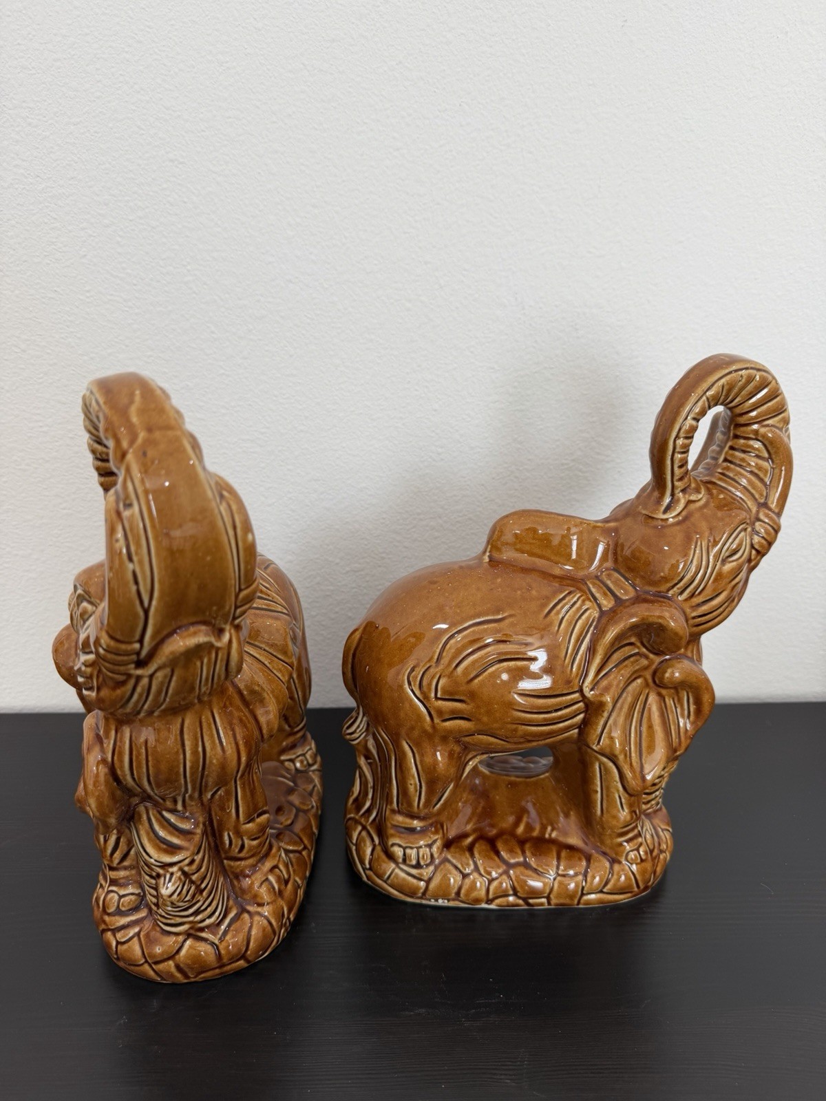 Vintage MCM Brazilian Ceramic Elephant Pair 10.5” Trunk Up Made in Brazil #94