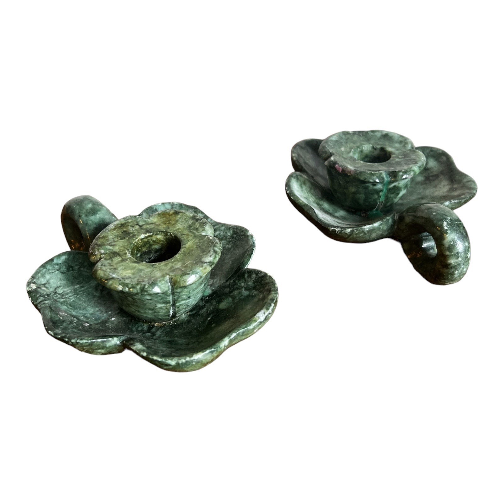 MID-CENTURY ITALIAN FOUR LEAF CLOVER CANDLESTICKS GREEN ALABASTER 1960S Pair