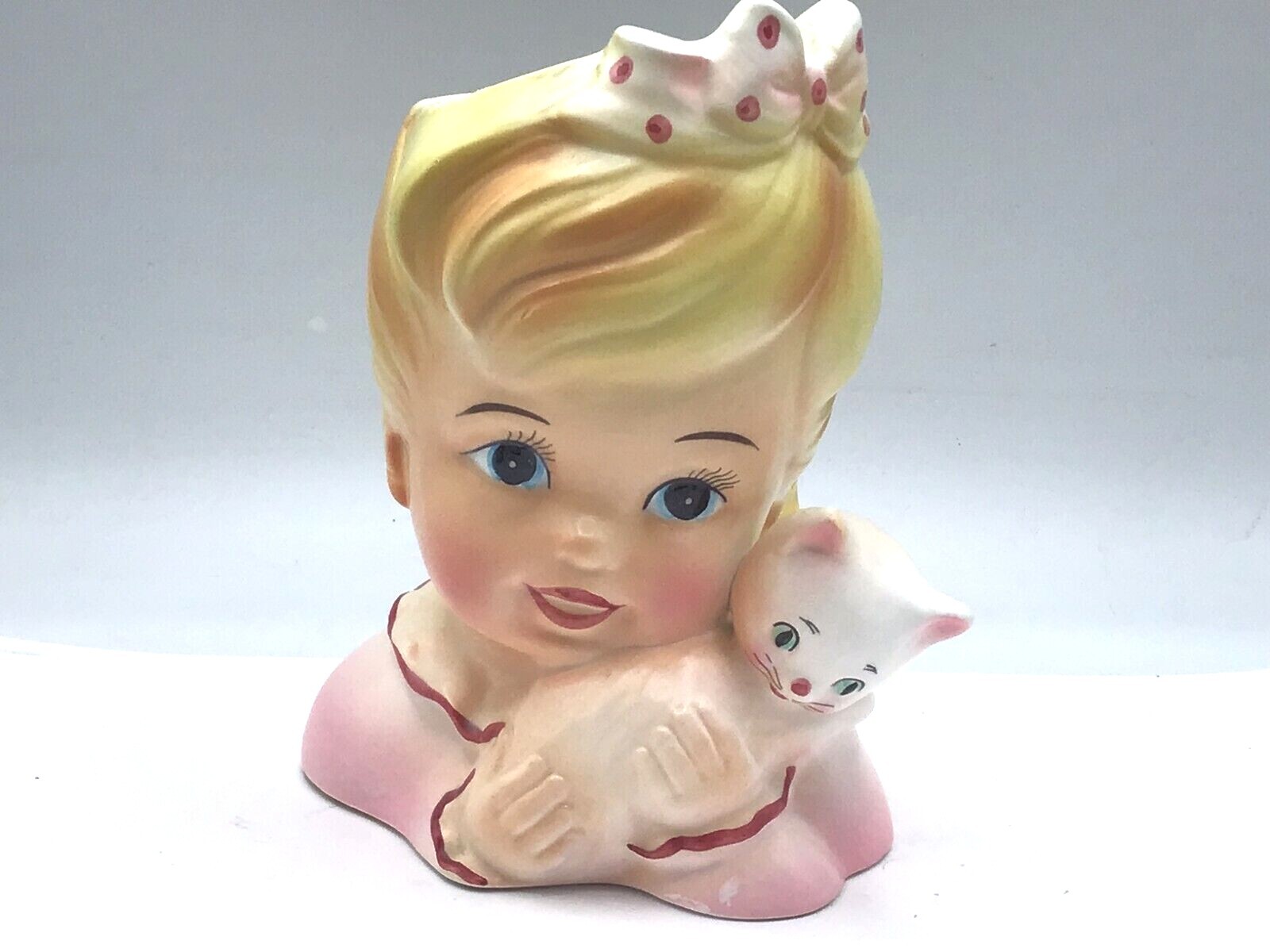 head vase planter ENESCO girl with bow holding kitten - VG head vase planter ENESCO girl with bow holding kitten - VG