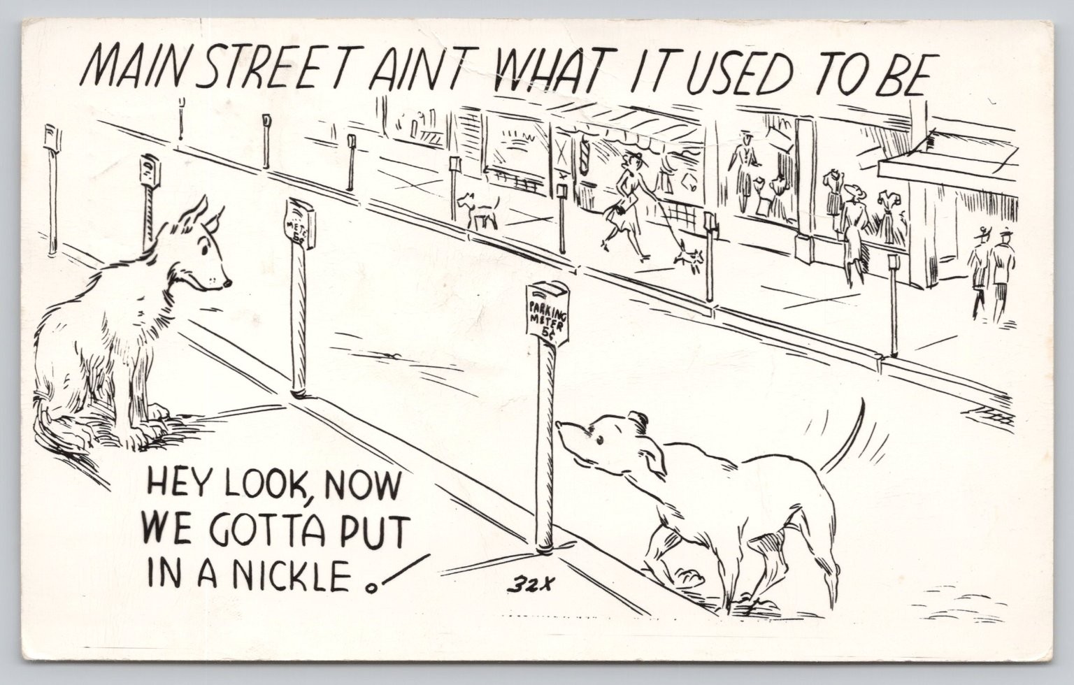 Vintage 1950 Main Street Dogs Parking Meter Humor Cartoon Postcard Henning