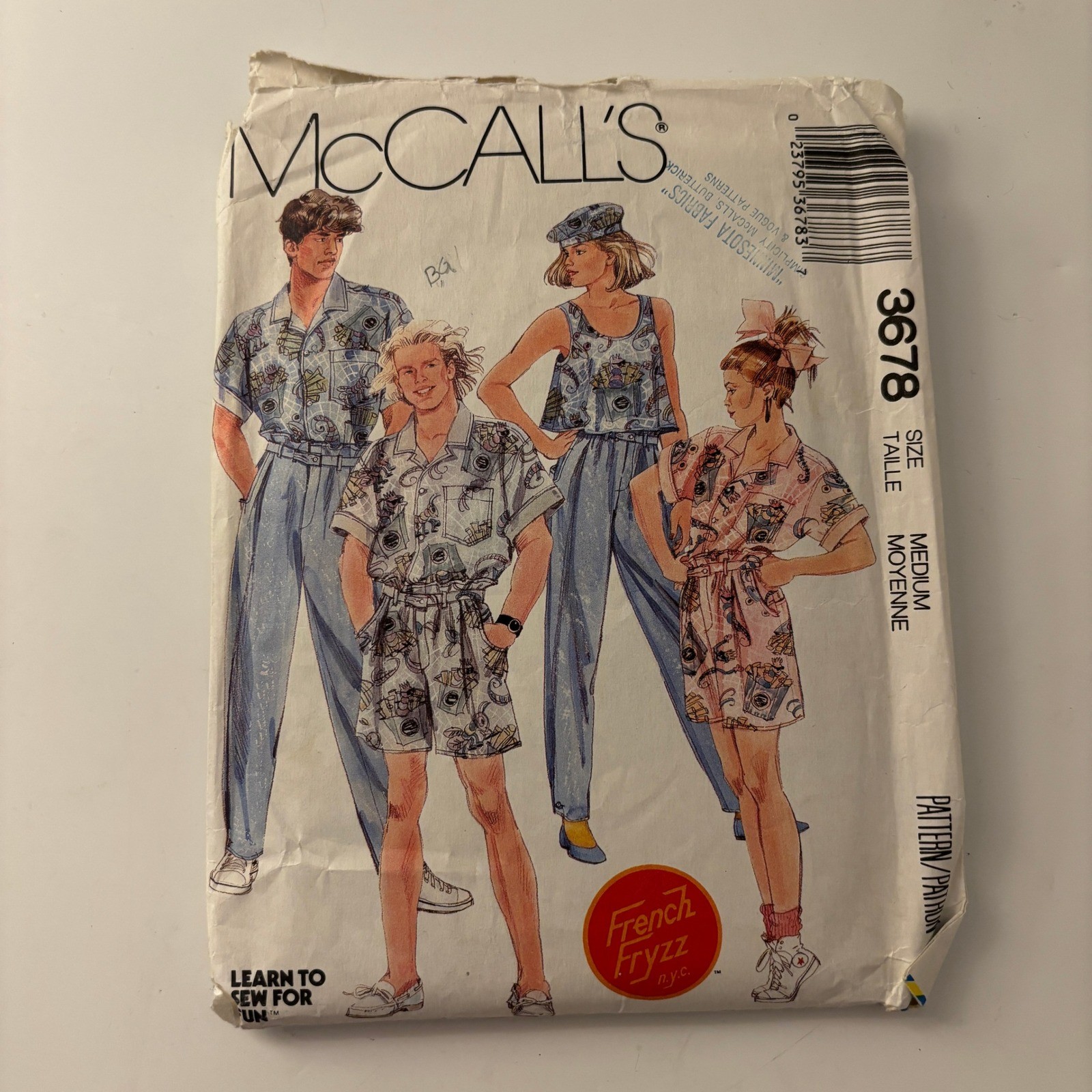 VTG 80s McCall's 3678 French Fryzz Unisex Beach Shirt Shorts Pattern Chest 36-38