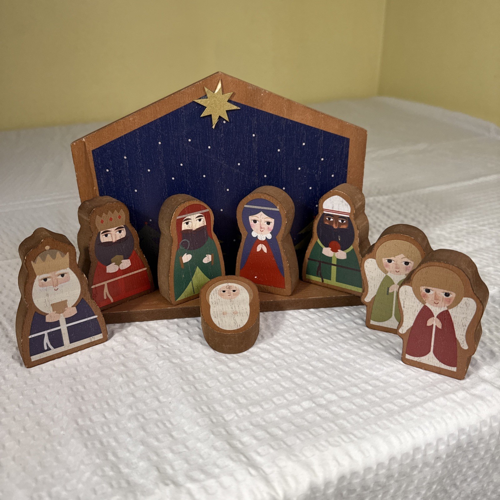 Christmas Nativity Set VTG Wooden Hand Painted Folk Art 9 Piece Kids Adult Decor