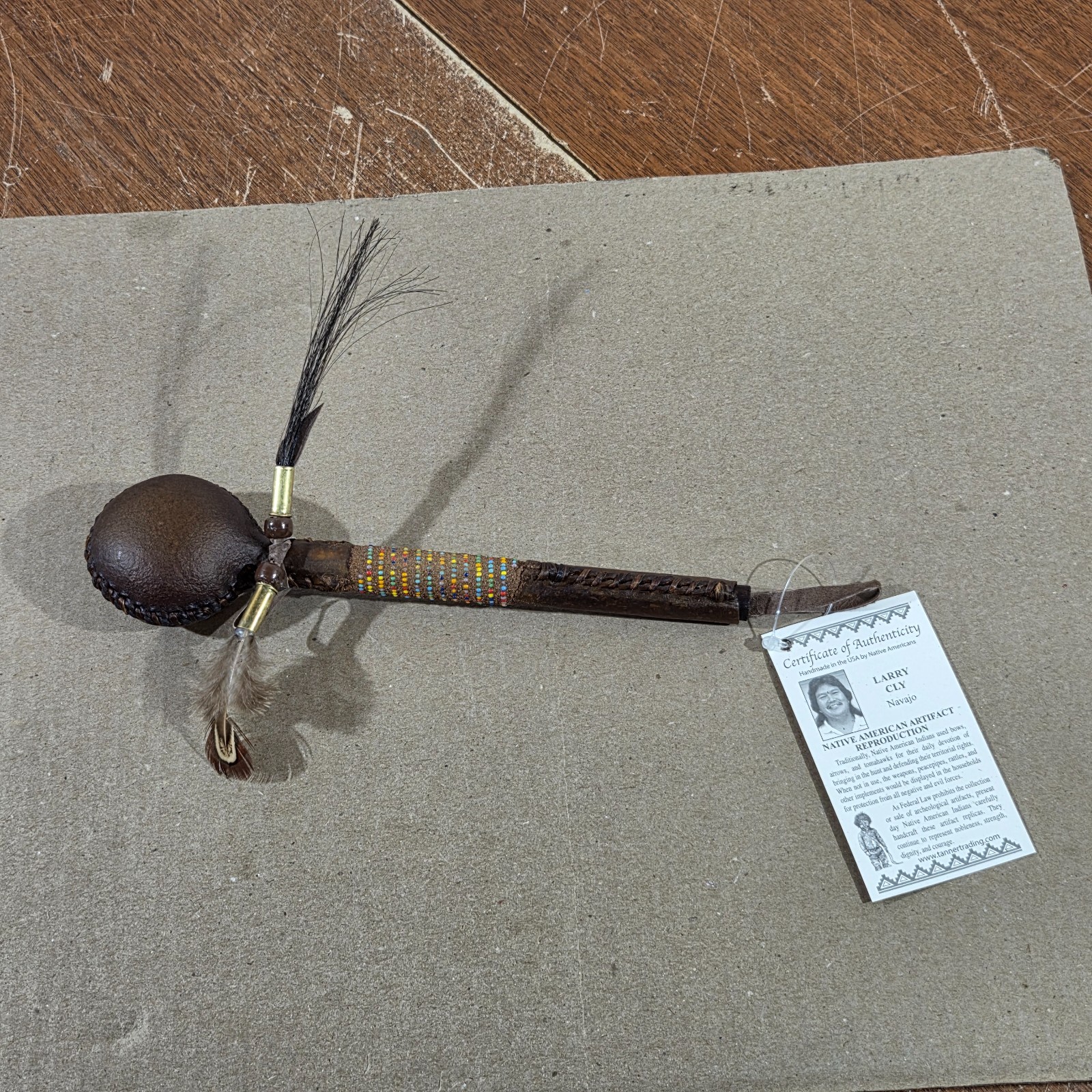 Authentic Navajo Handcrafted Traditional Rattle Rawhide leather Feathers COA