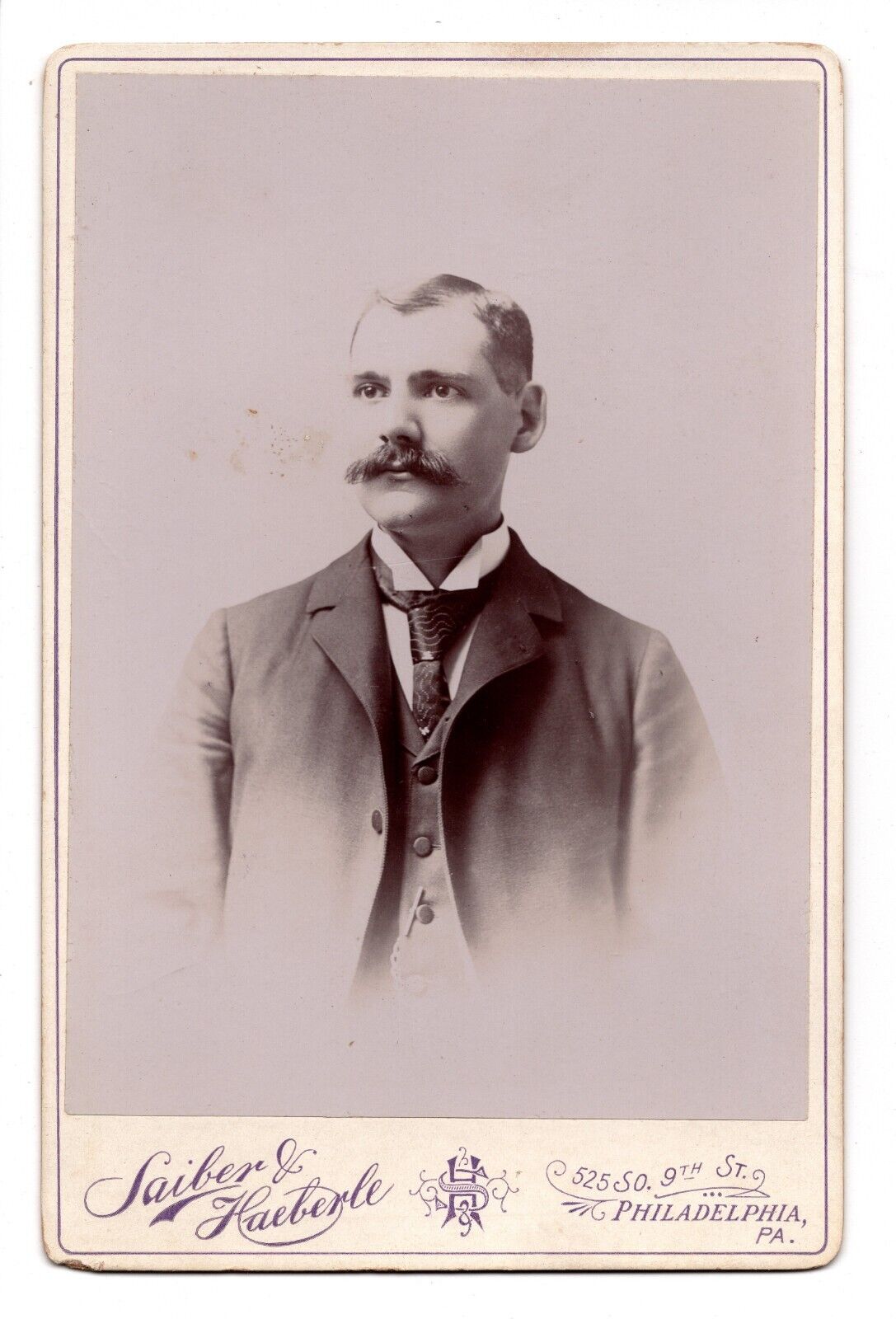 C. 1890s CABINET CARD SAIBER & HABERLE MAN IN SUIT WITH MUSTACHE PHILADEPLHIA PA