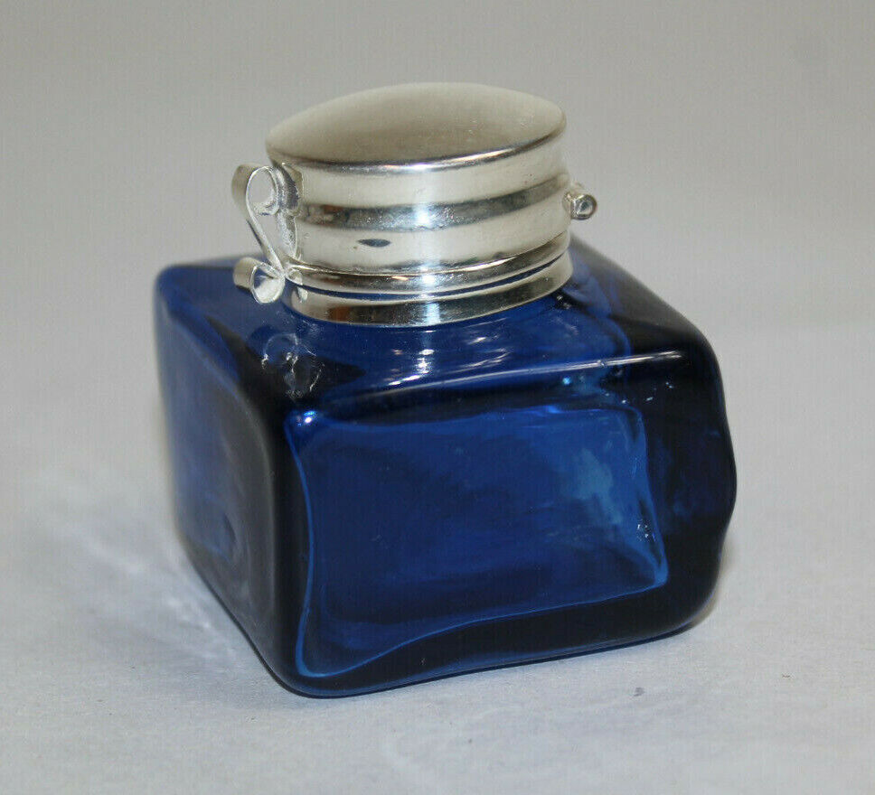 Vintage Antique Style Square Cobalt Blue Glass Inkwell Bottle Ink #1
