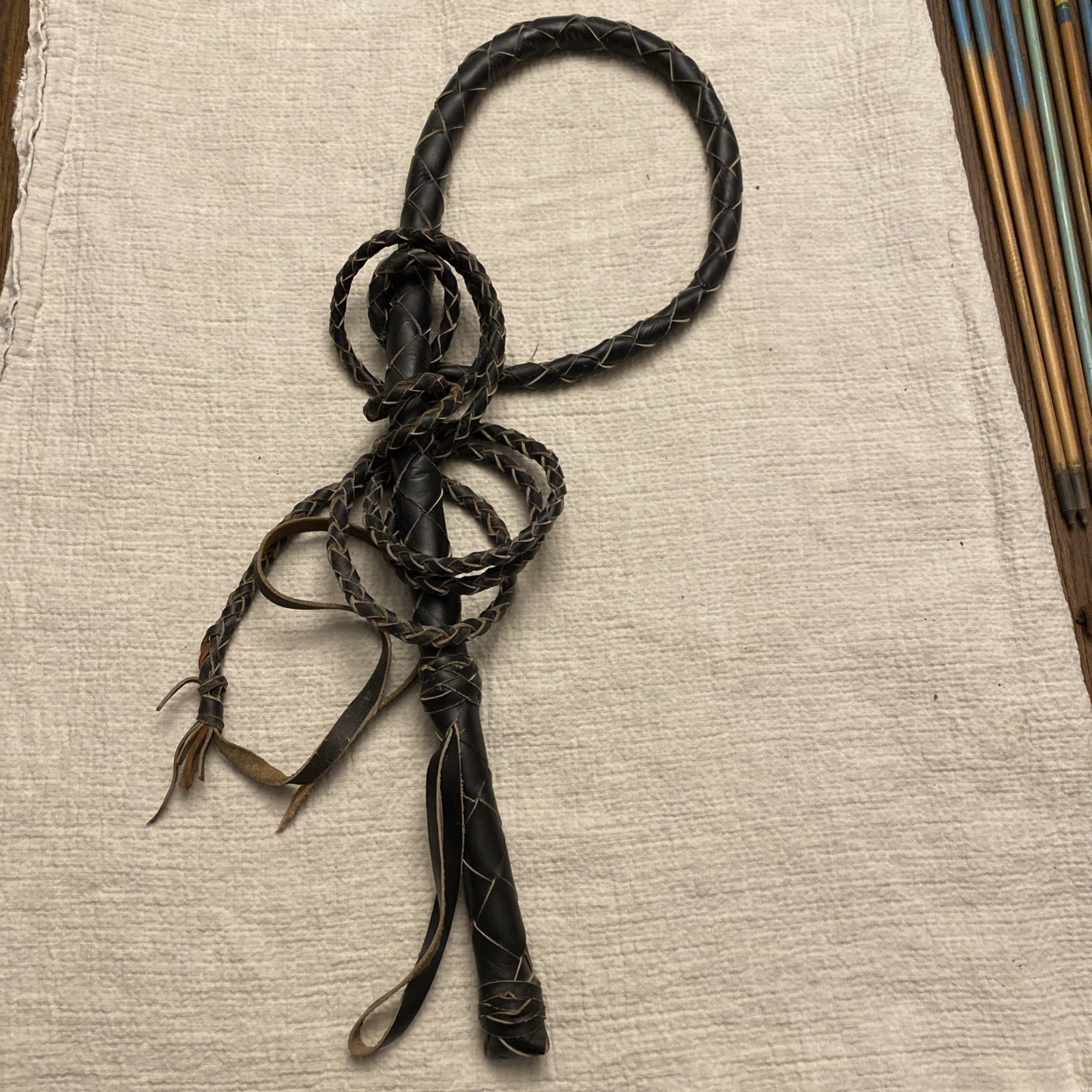 Vintage Braided Leather Bullwhip 12’ Black Cowboy Western