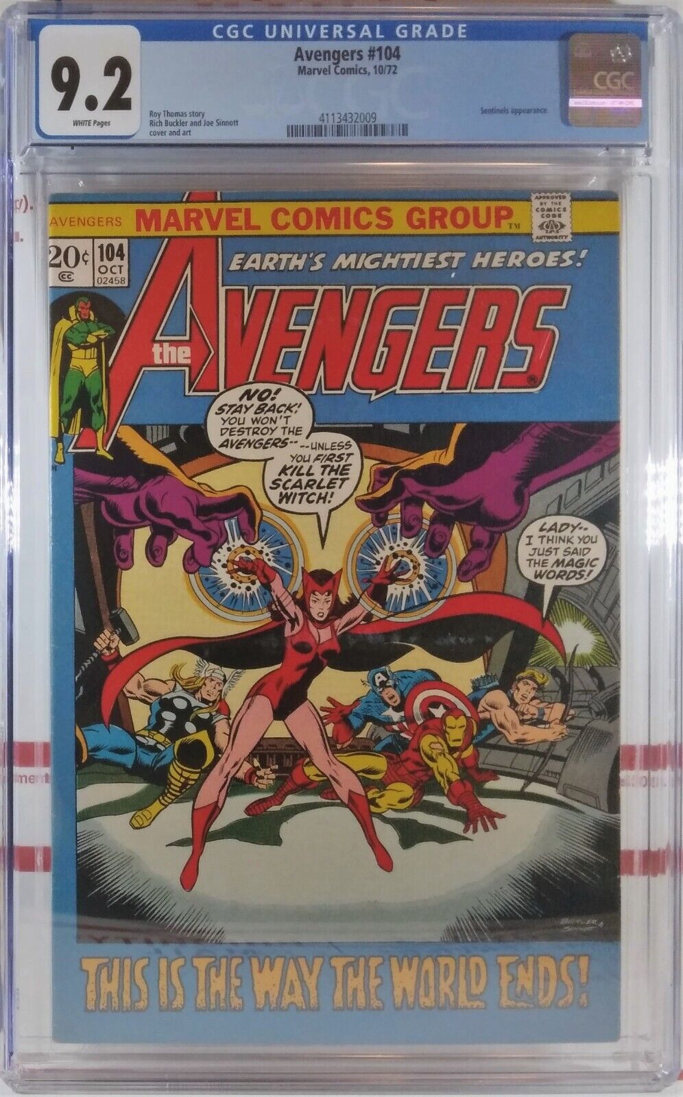 🔴 CGC 9.2 NM- AVENGERS #104 SCARLET WITCH Wandavision MARVEL 1972 WHITE PAGES