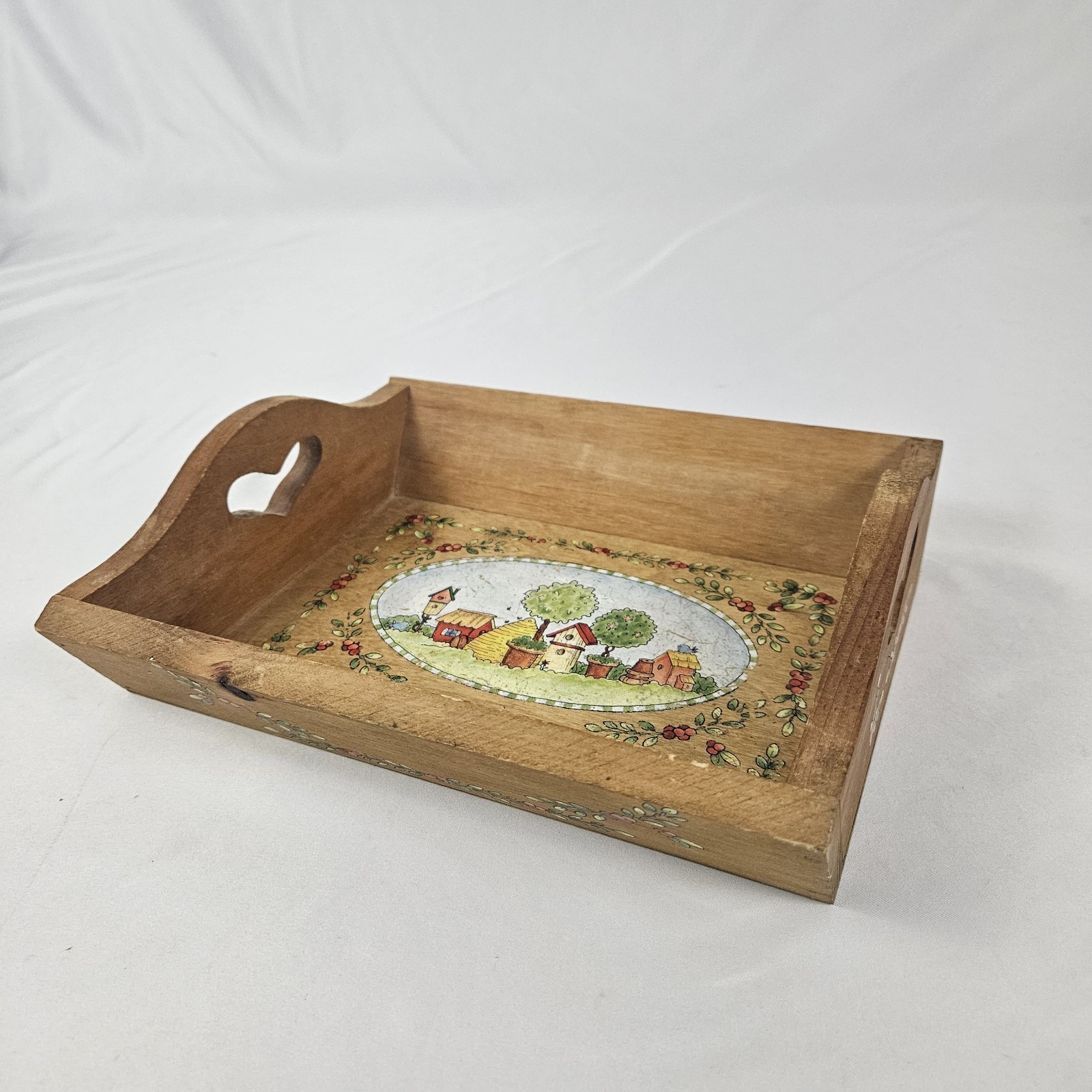 Vintage Hand Painted Wooden Tray 10x9 Rustic Cottagecore Village Hearts Granny