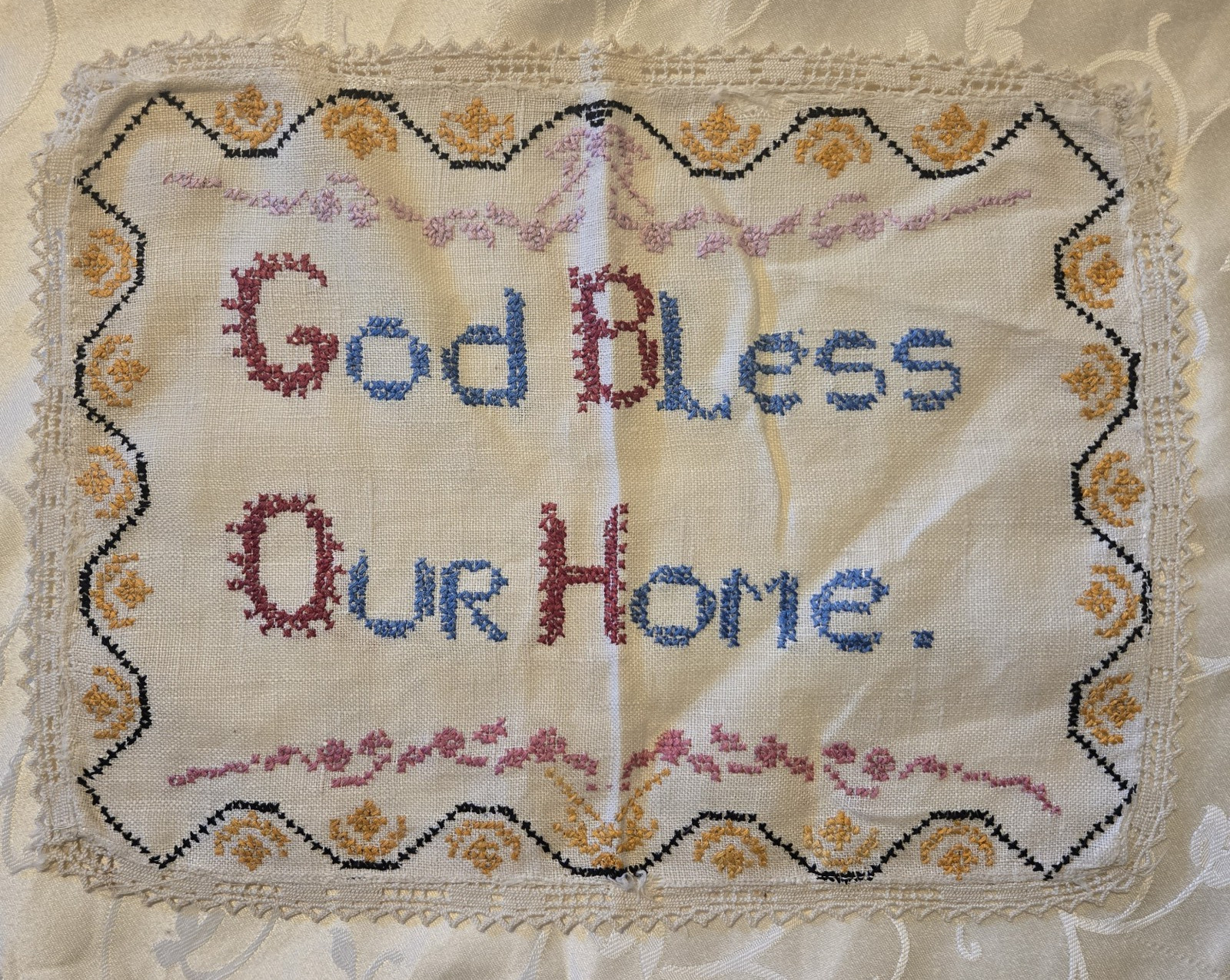 Embroidered God Bless This House Sampler, Crocheted Trim , 13 1/2