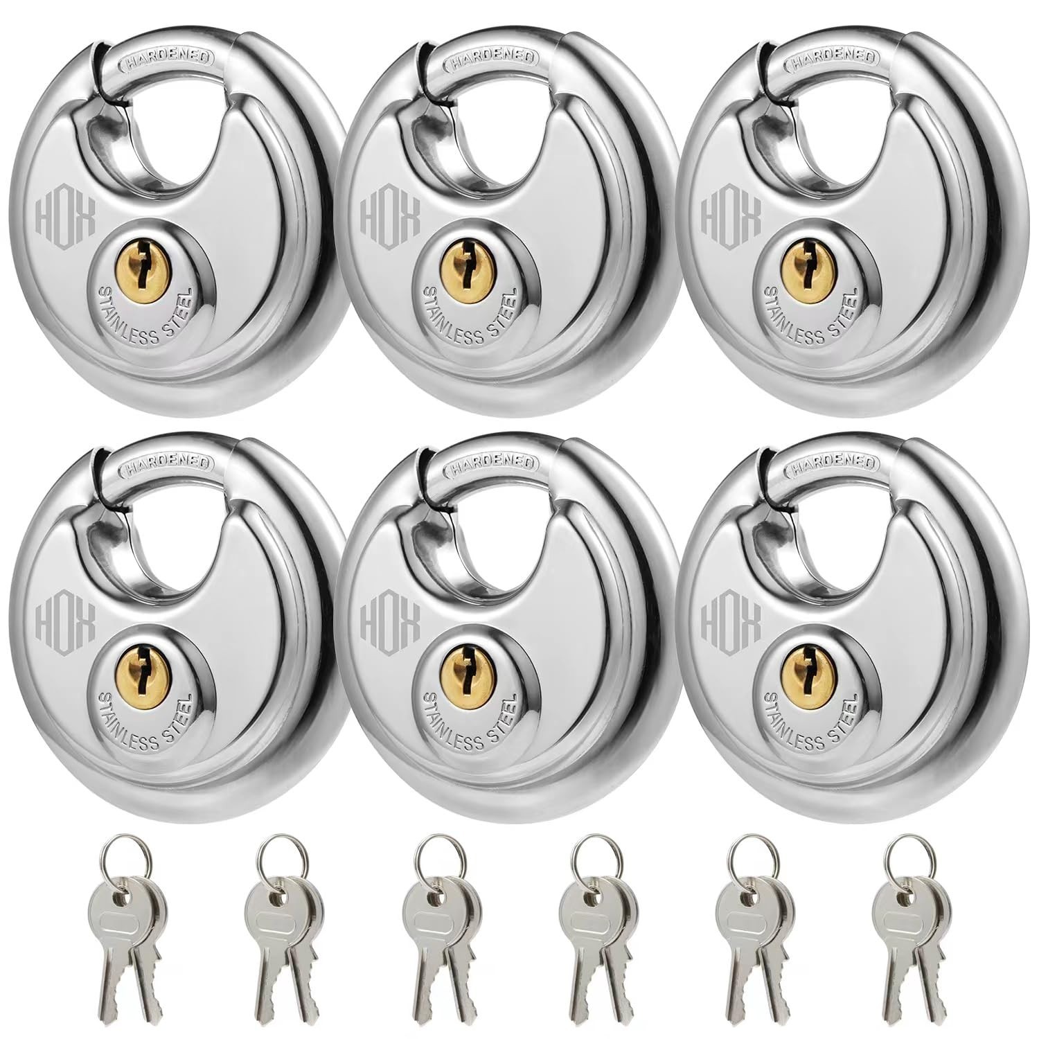 Heavy Duty Keyed Disc Padlocks 6-Pack, Stainless Steel Waterproof Locks, 3/8\