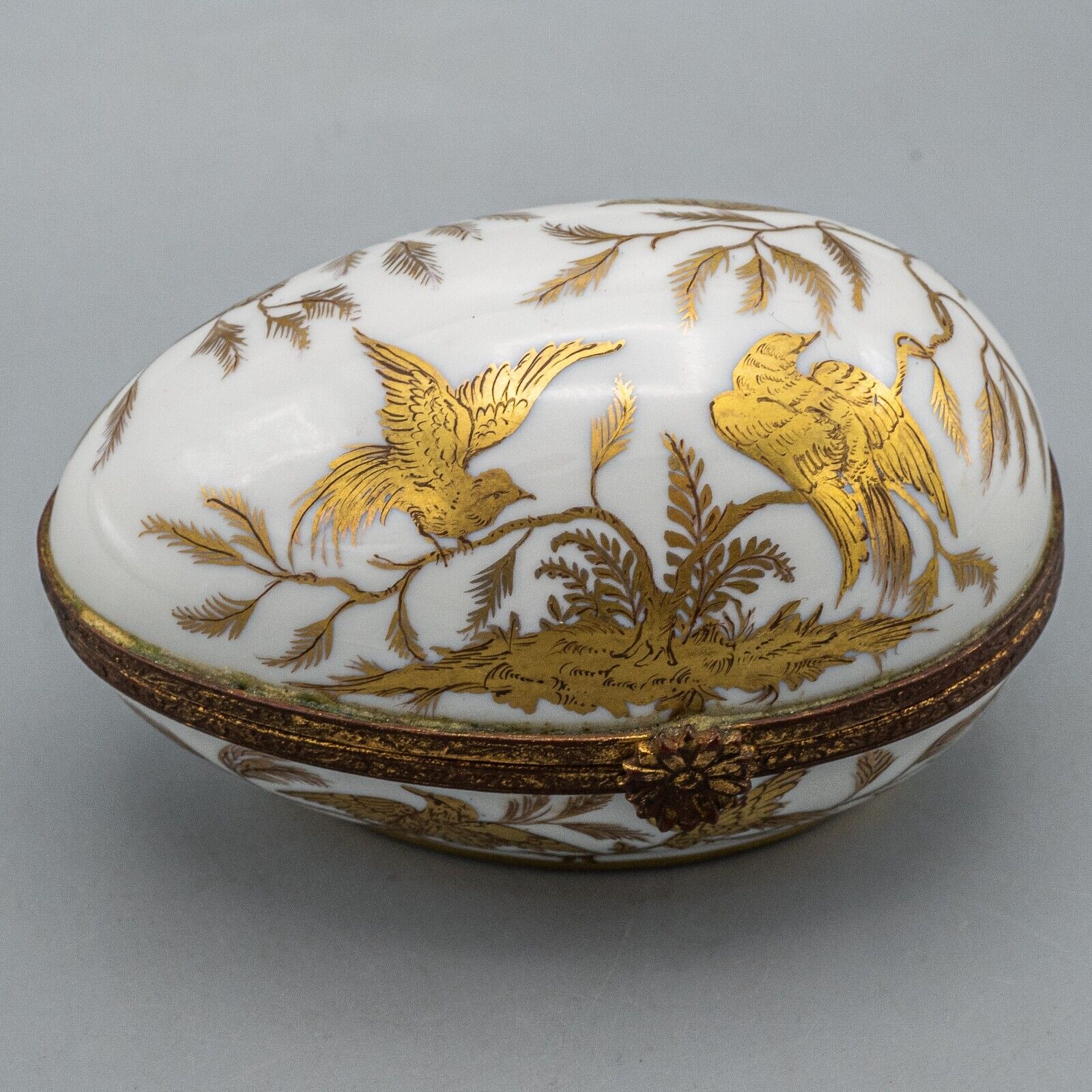Le Tallec Egg Shaped Trinket Box Gold Birds France 3 1/4\