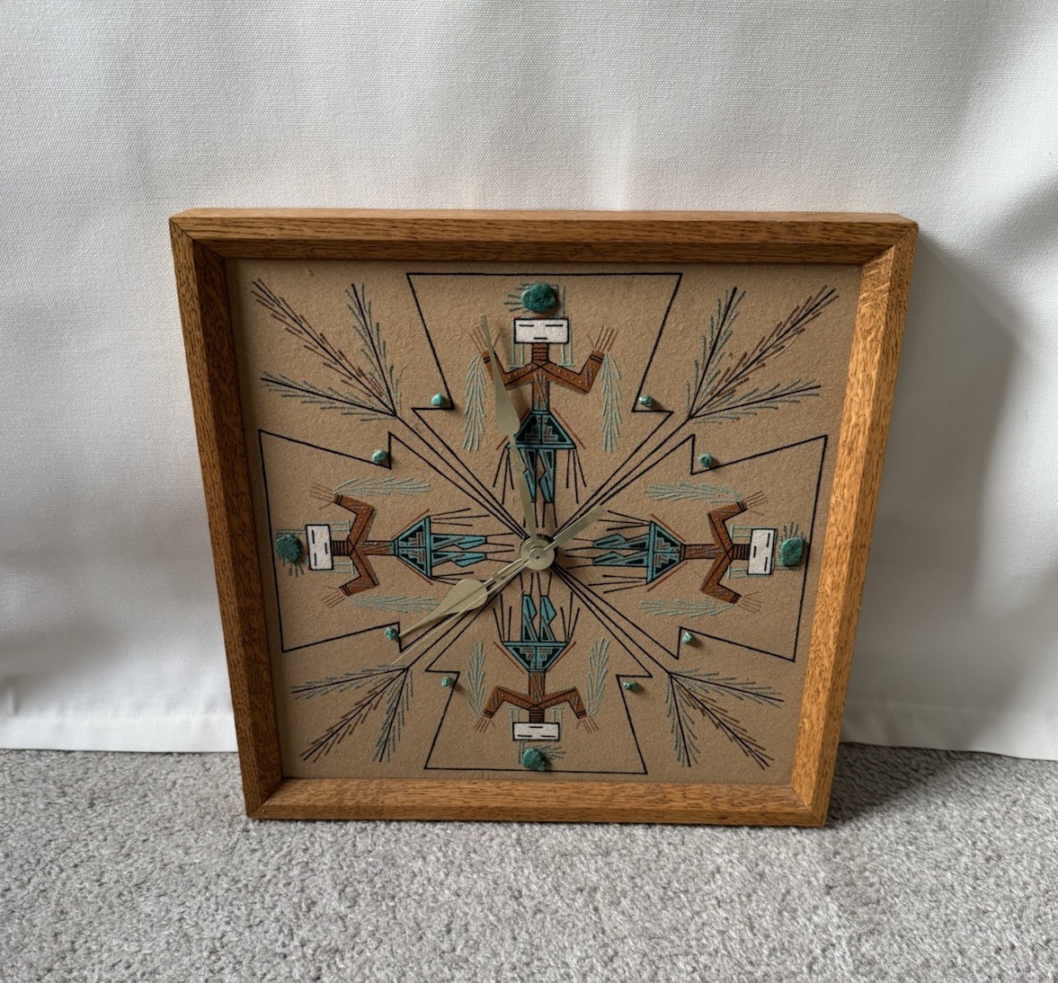 VTG Authentic Navajo Native American Framed Sand Painting Clock Signed 13x13