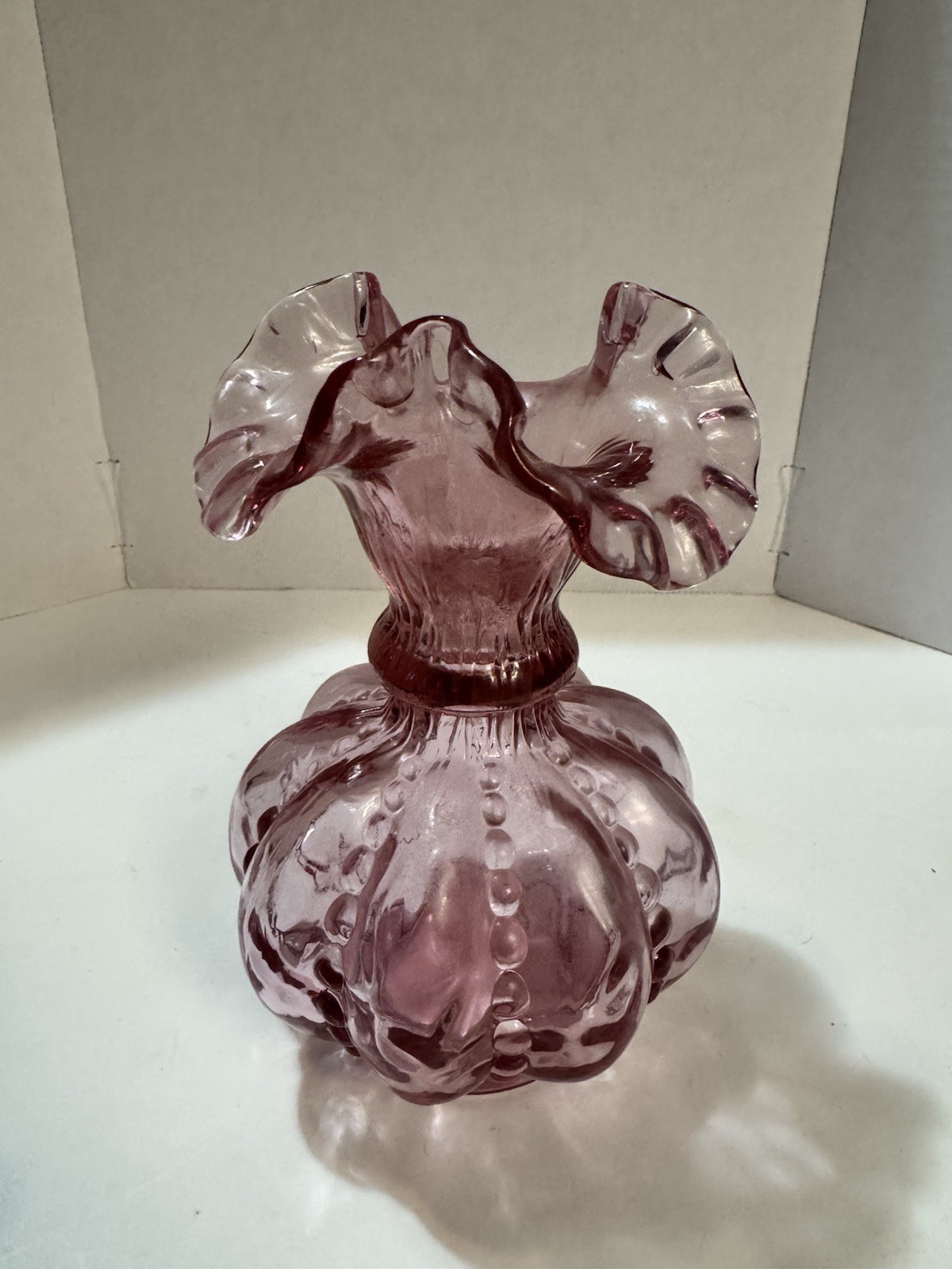 Vintage Fenton Pink Dusty Rose Beaded Melon Vase Ruffled Top