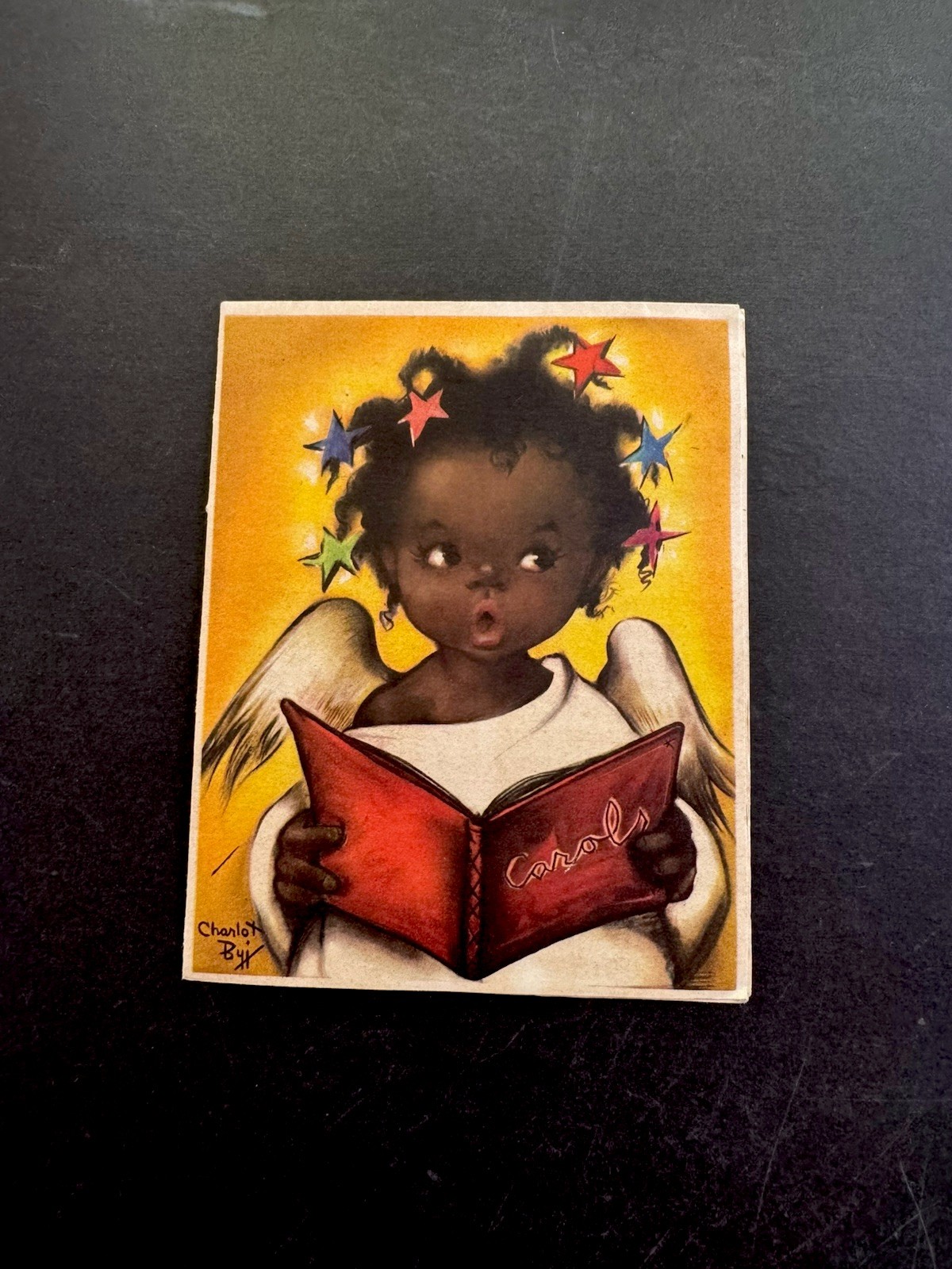 1 VTG Ars Sacra Xmas Greeting Card by Charlot Byj Angel Caroling W Stars in Hair