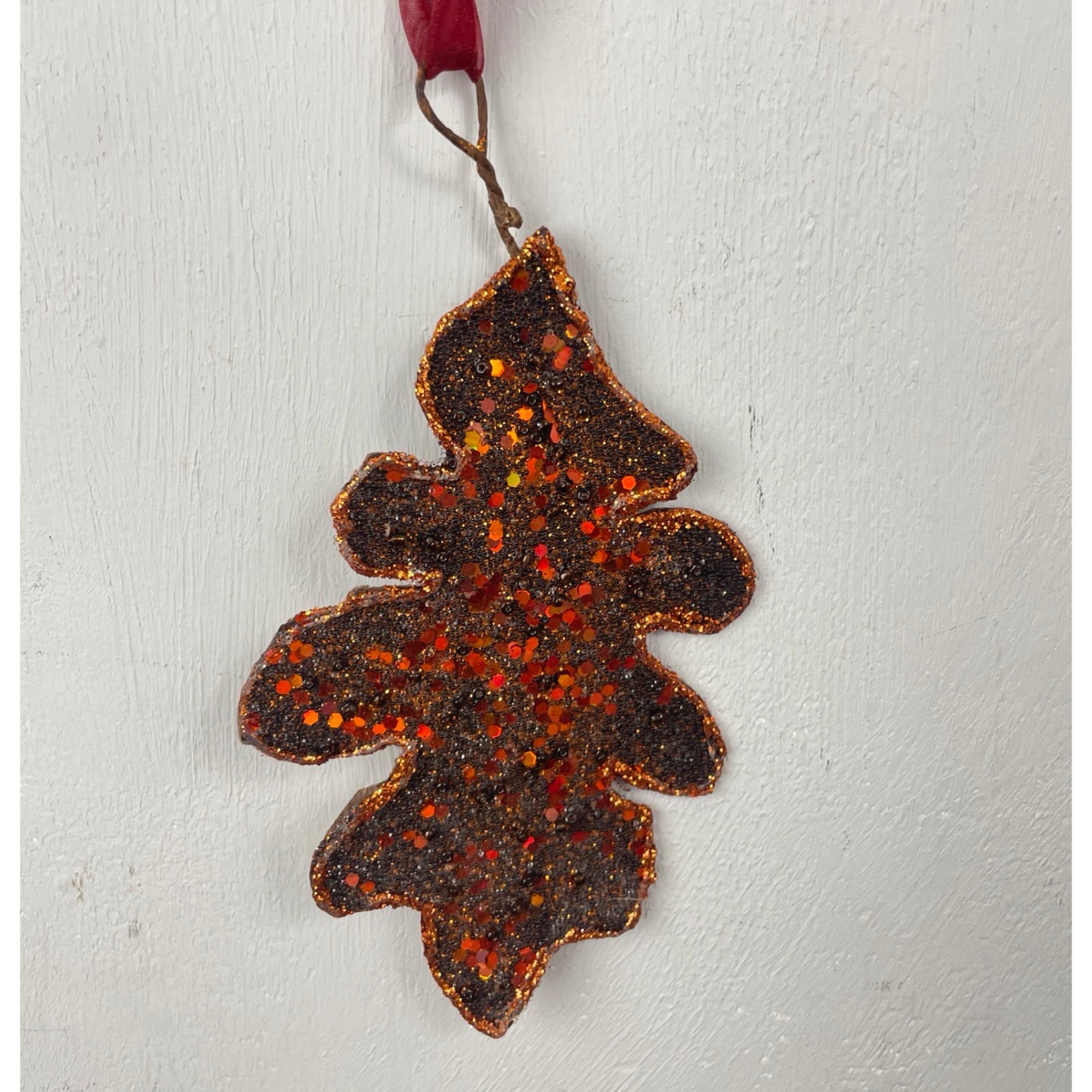 Christmas Ornament Glittery Long Oak Leaf Brown Bronze Sequin Holiday Decoration Christmas Ornament Glittery Long Oak Leaf Brown Bronze Sequin Holiday Decoration