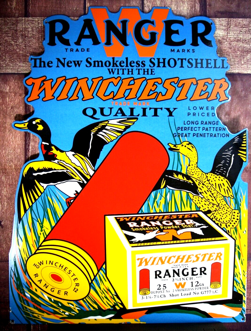 WINCHESTER RANGER SHOTSHELL 12 GA. PORCELAIN COLLECTIBLE, RUSTIC, ADVERTISING