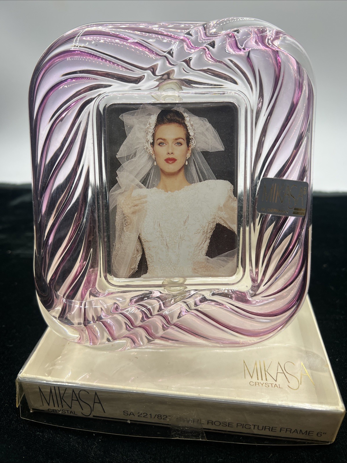Vintage Mikasa Small Picture Frame Pink Cranberry Glass Striped Swirl Rose 6”