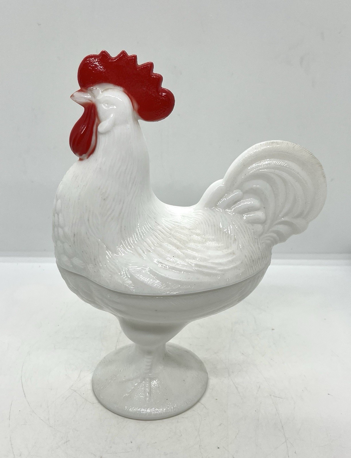 Vintage Westmoreland Milk Glass Standing Rooster Red Comb Covered Dish Pedestal