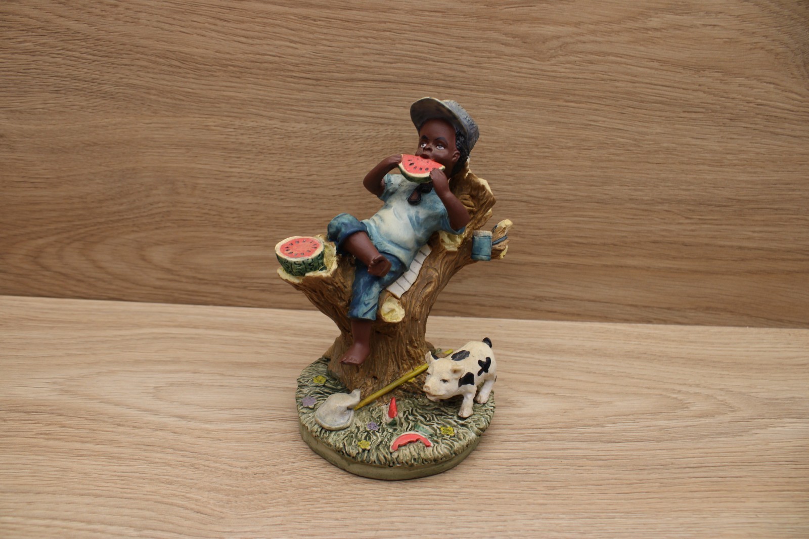 African American Boy Eating Watermelon Pig Farm Figurine Resin Country Decor African American Boy Eating Watermelon Pig Farm Figurine Resin Country Decor