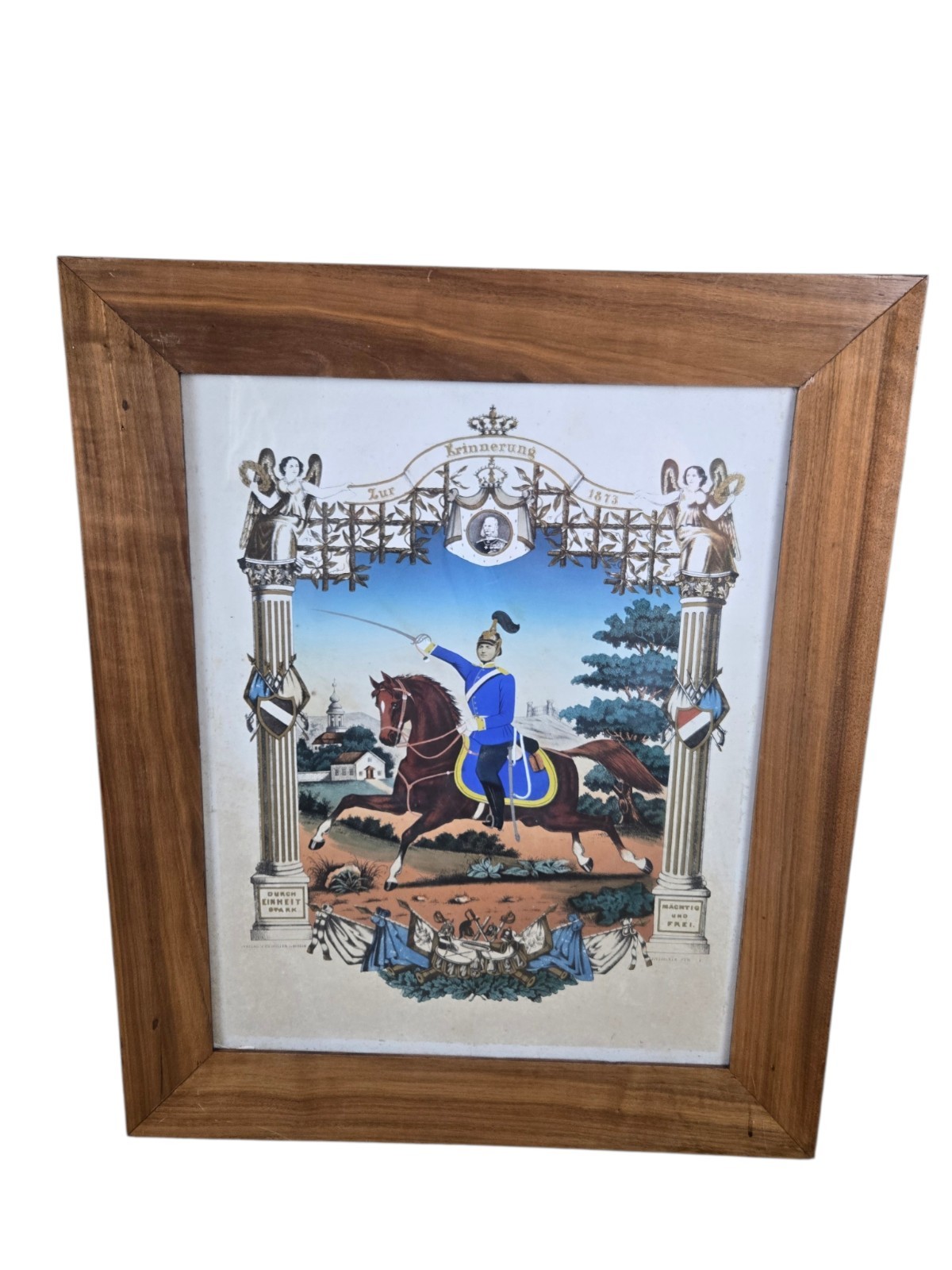 Antique Imperial German Cavalry Lithograph Print 1873 Mounted Officer Framed