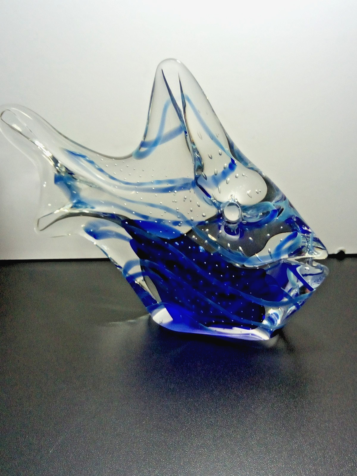 Rollin Karg Medium Heavy Glass Fish Signed Sculptures Colbalt Blue Bubbles