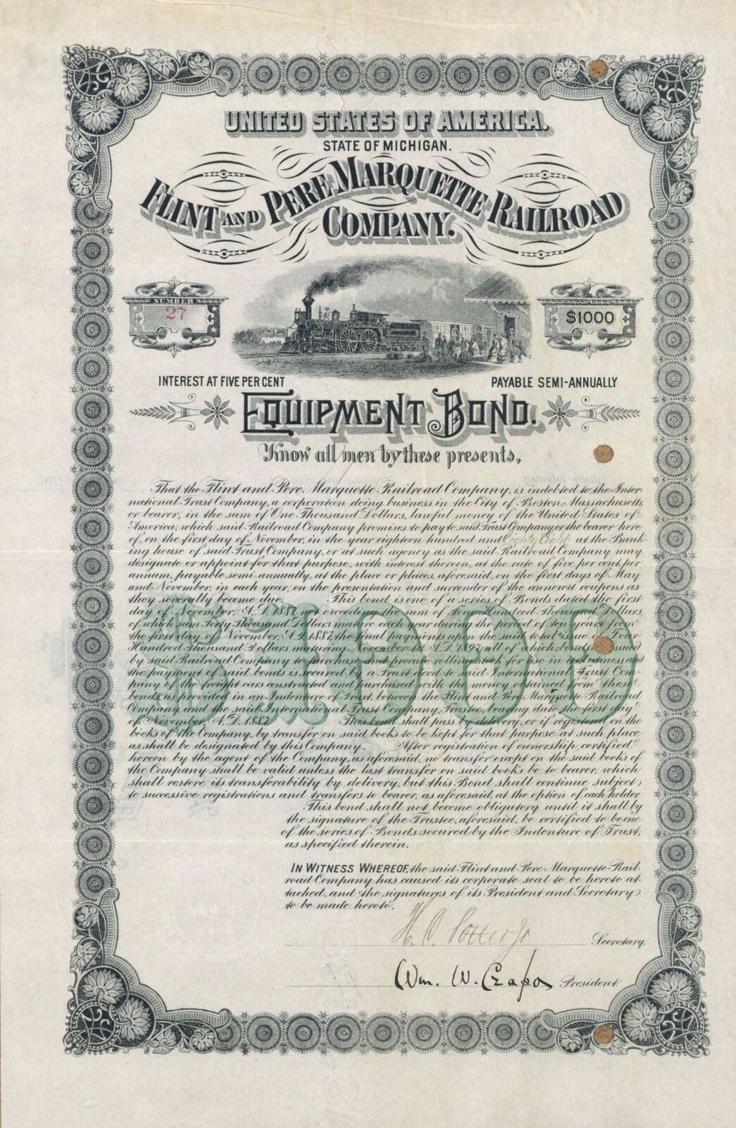 Flint and Pere Marquette Railroad Co. - $1,000 Bond - Railroad Bonds