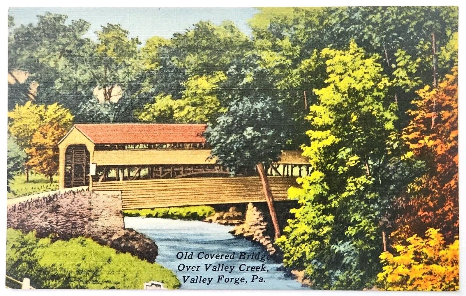 Postcard PA Old Covered Bridge Over Valley Creek Valley Forge Linen DB UNP