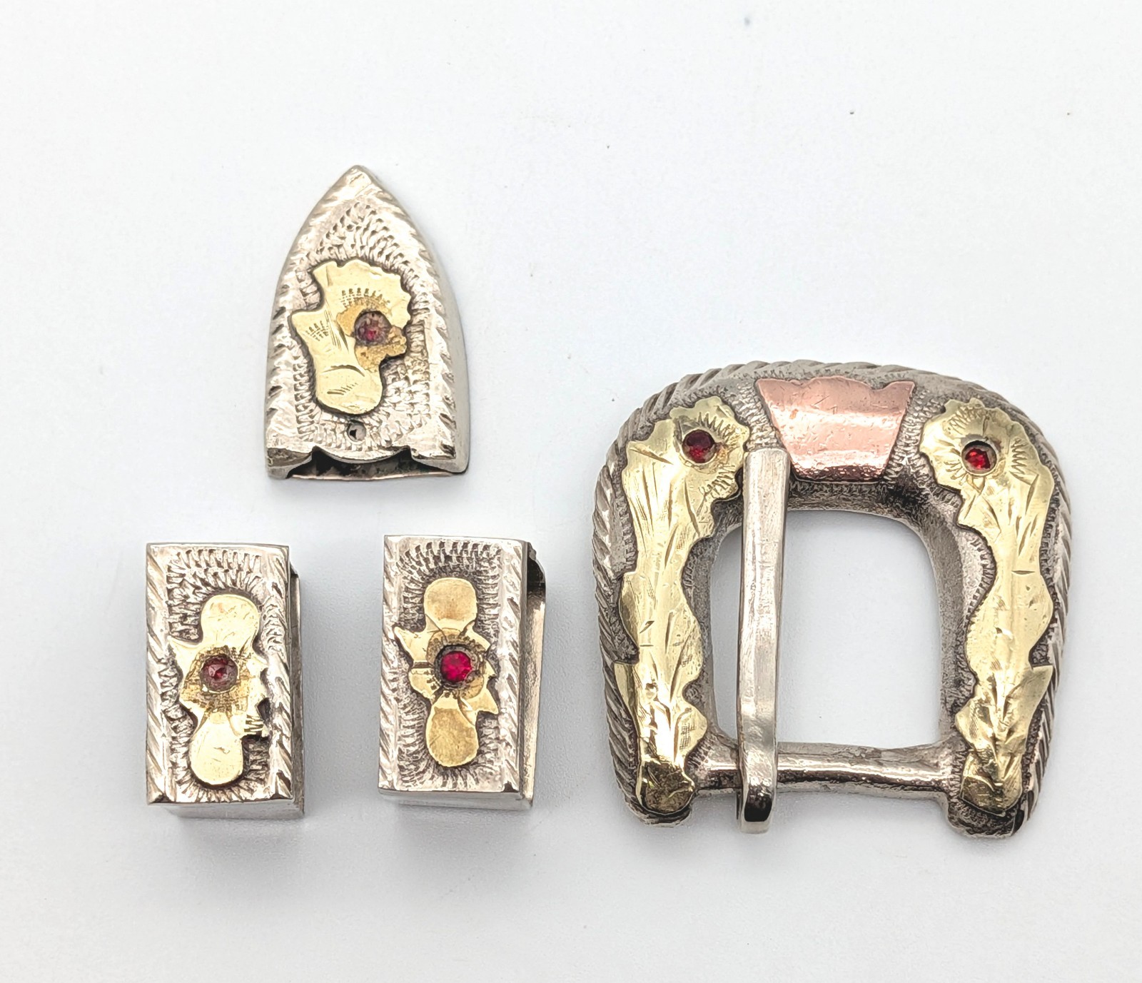 Vintage 1950s Western 4-Piece Ranger Buckle Set Gold Tone Appliques w/Red Stones