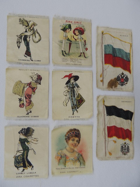 (8) Antique Vintage Zira Cigarettes Tobacco Silk Inserts -Ladies -Queen -Flags