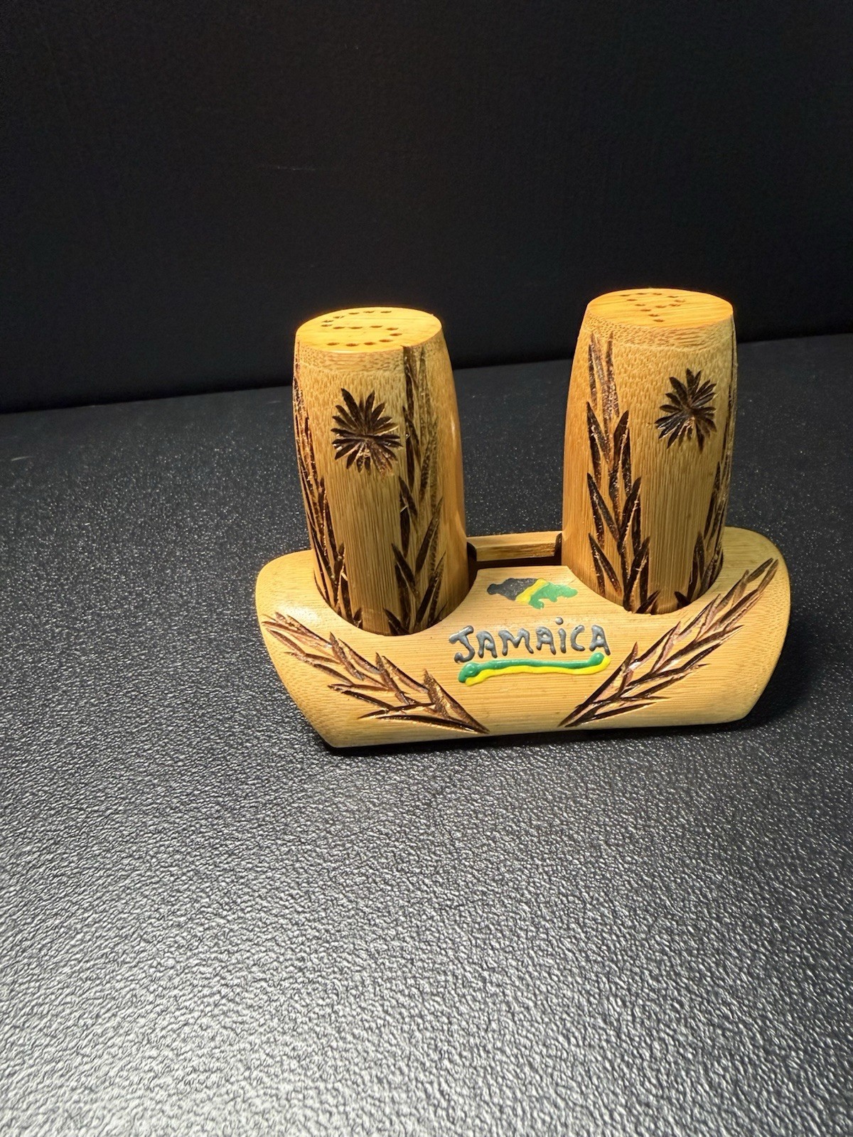 Bamboo Salt and Pepper Shakers With Holder Jamaica Island Souvenir Beach Party
