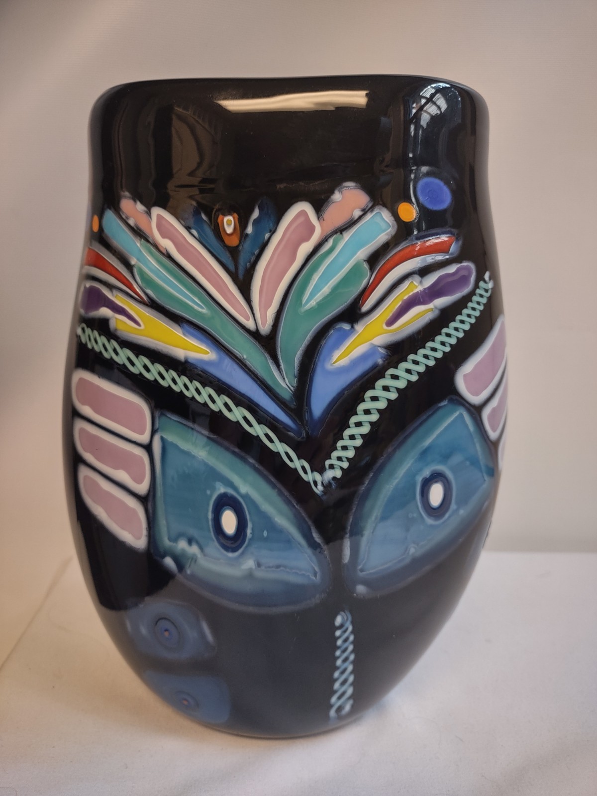 Attributed Dan Bergsma Studio Glass Vase - Large Black Cane Art Glass Mask Motif