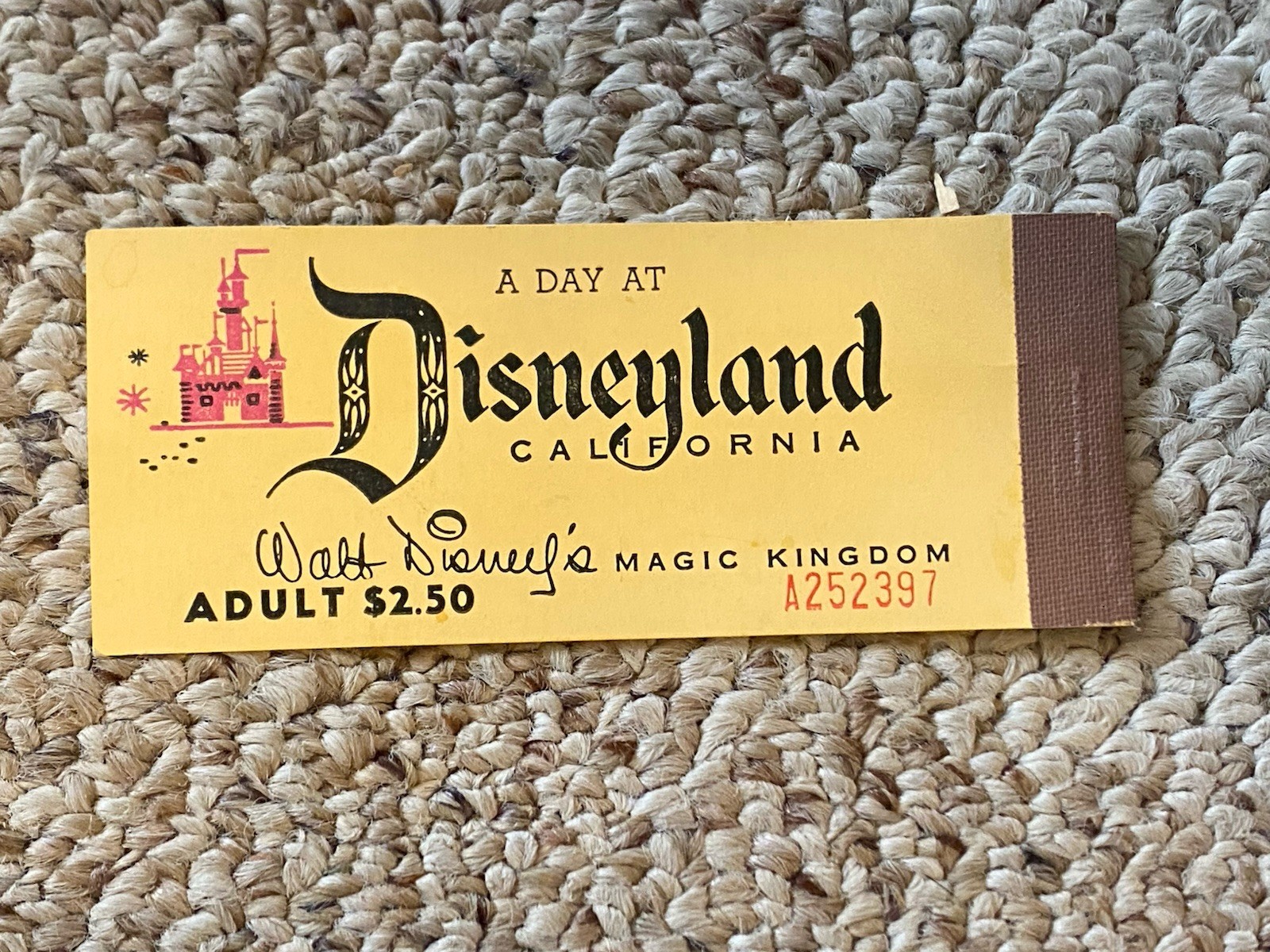 Vintage Disneyland Adult Ticket $2.50 Walt Disney Magic Kingdom 1955 Stub