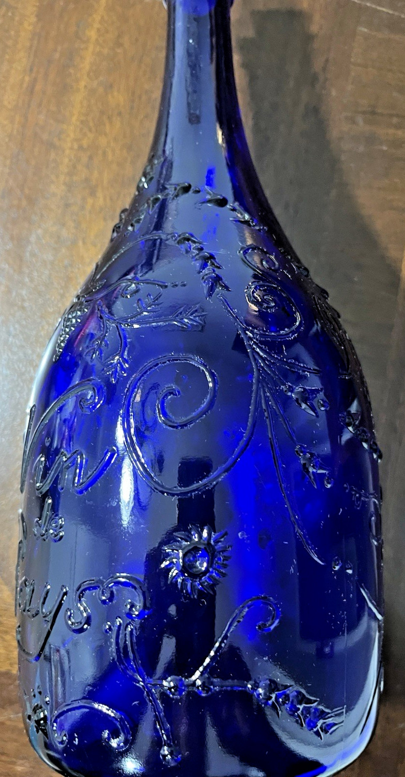Vtg. Blue Glass Wine Bottle Embossed “Vin de Poche” Grapevine Design w/ Cork
