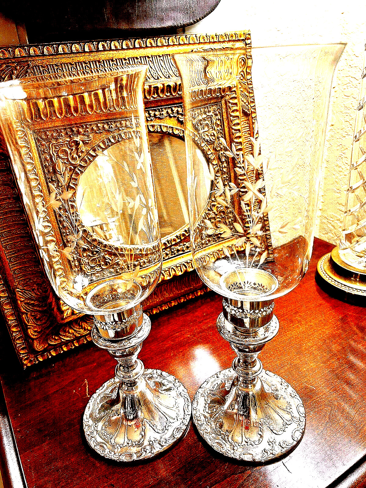 PAIR VINTAGE GORHAM SILVER CANDLE HOLDERS W/ETCHED GLASS GLOBES-'YC3004'-1980s