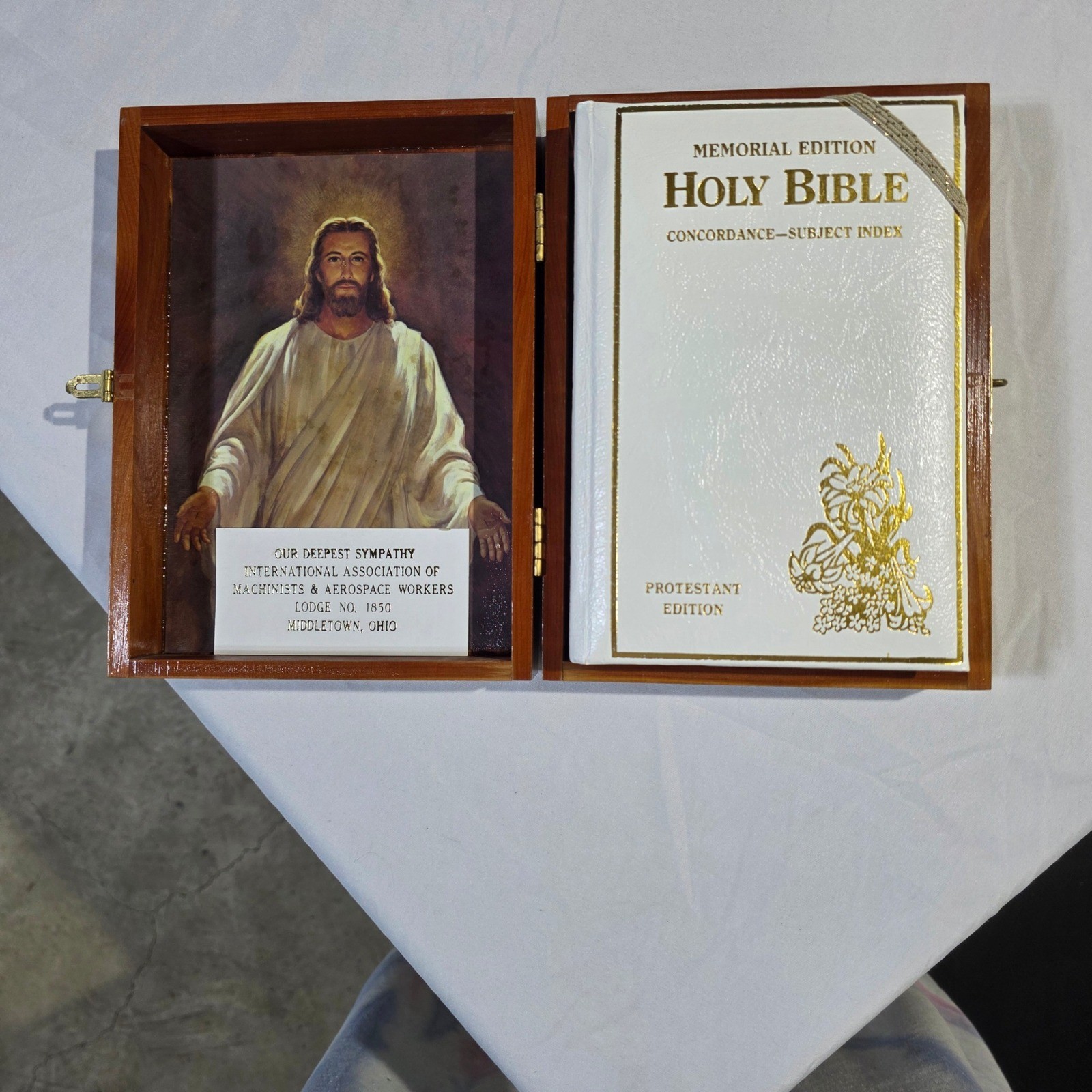 Vintage Holy Bible Memorial Edition Protestant in Union Made Cedar Wood Box