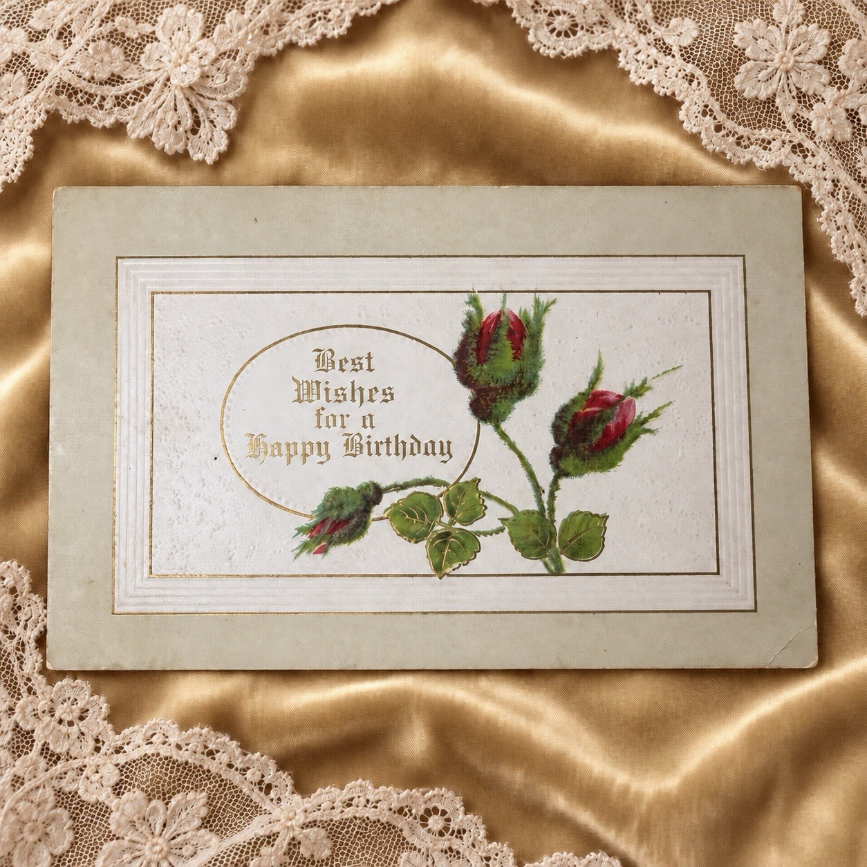 Antique Embossed Birthday Postcard Red Rosebuds Gold Trim Unposted 1910s