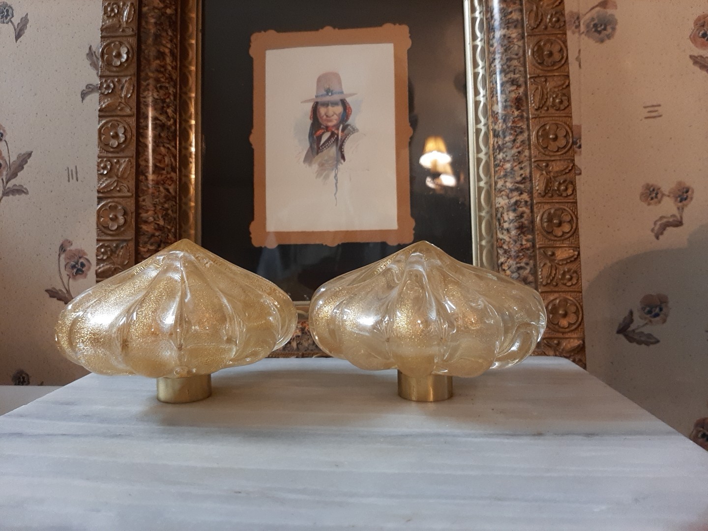 Rare Pair Original Gold Murano Ribbed Melon Glass Finials, Fire Polished Pontil Rare Pair Original Gold Murano Ribbed Melon Glass Finials, Fire Polished Pontil