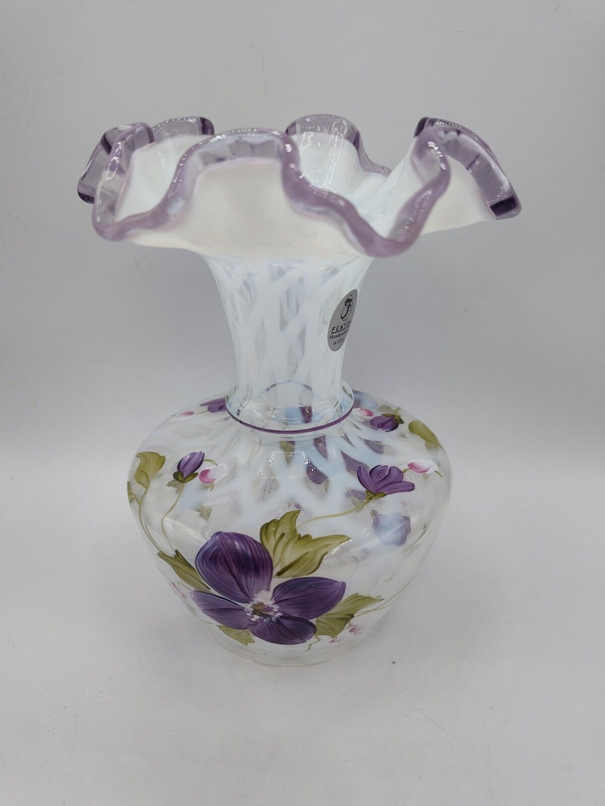 Fenton Heirloom Optic Vase Purple Crest Hand Painted Signed Shelly Fenton
