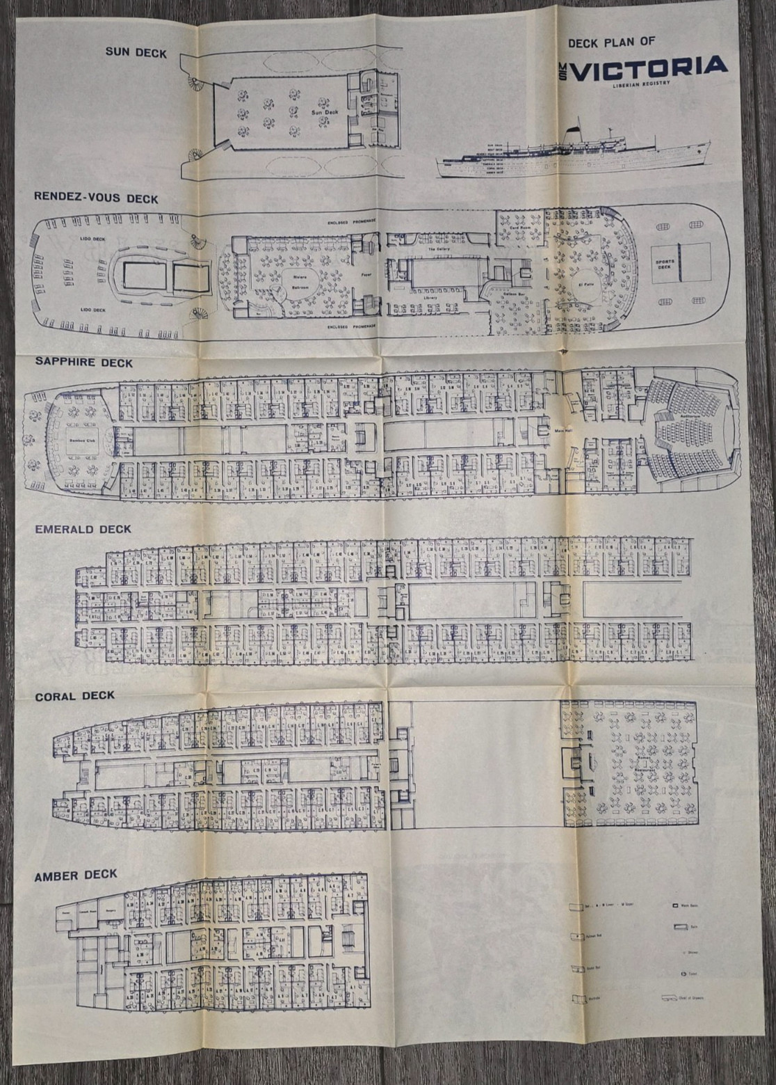 1960\'s MS Victoria Incres Line Cruise Ship Deck Plan Brochure Ocean Liner Folded