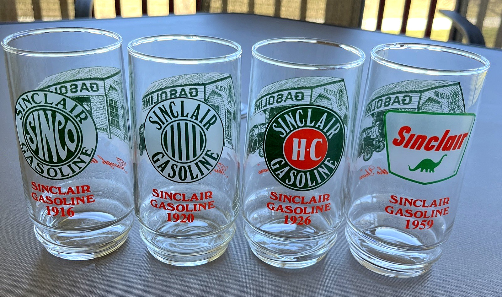 Sinclair Gasoline Logo Tumbler Glasses, Through the Years, 1916 to 1959 Set of 4