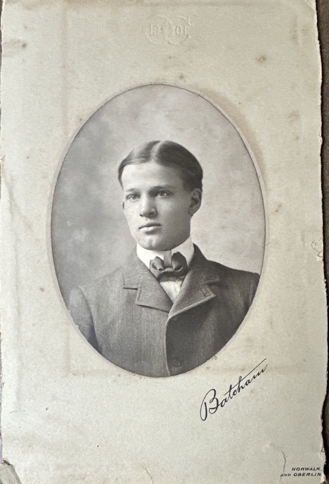 1901 Antique Cabinet Card Photo Young Man Bateham Norwalk Oberlin Ohio