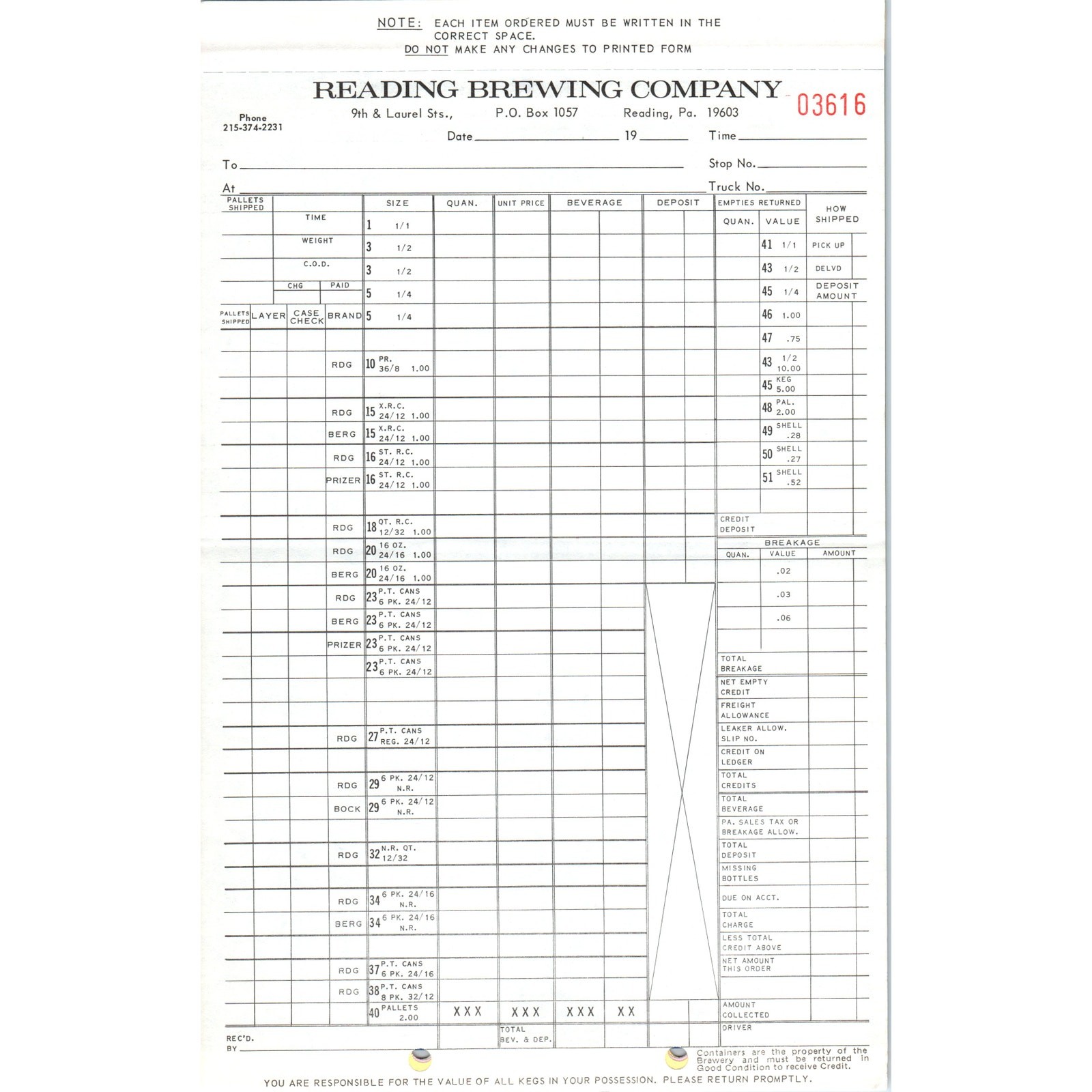 Vintage Reading Brewing Company Order Form Blank PA H4-5