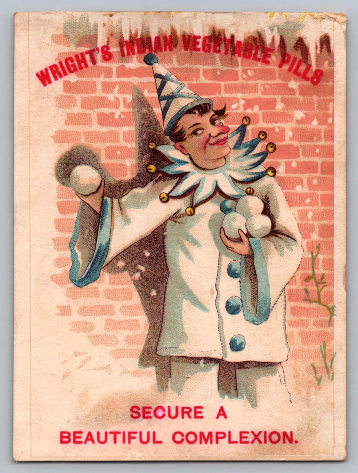 Antique Victorian Trade Card Wright\'s Indian Vegetable Pills Clown Jester Antique Victorian Trade Card Wright\'s Indian Vegetable Pills Clown Jester